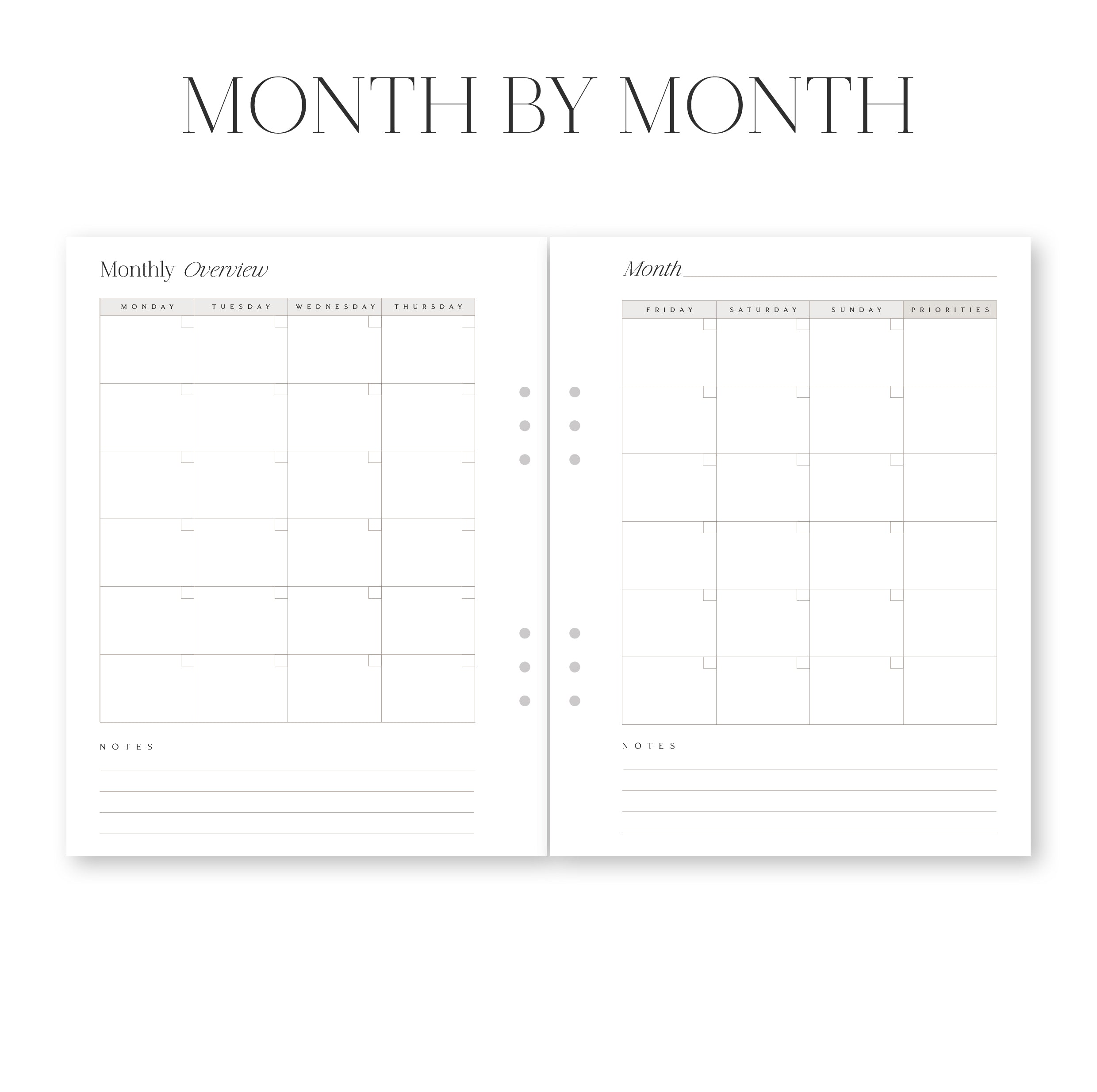 Two-page spread of a planner with 'Month by Month' title and monthly overview layout.