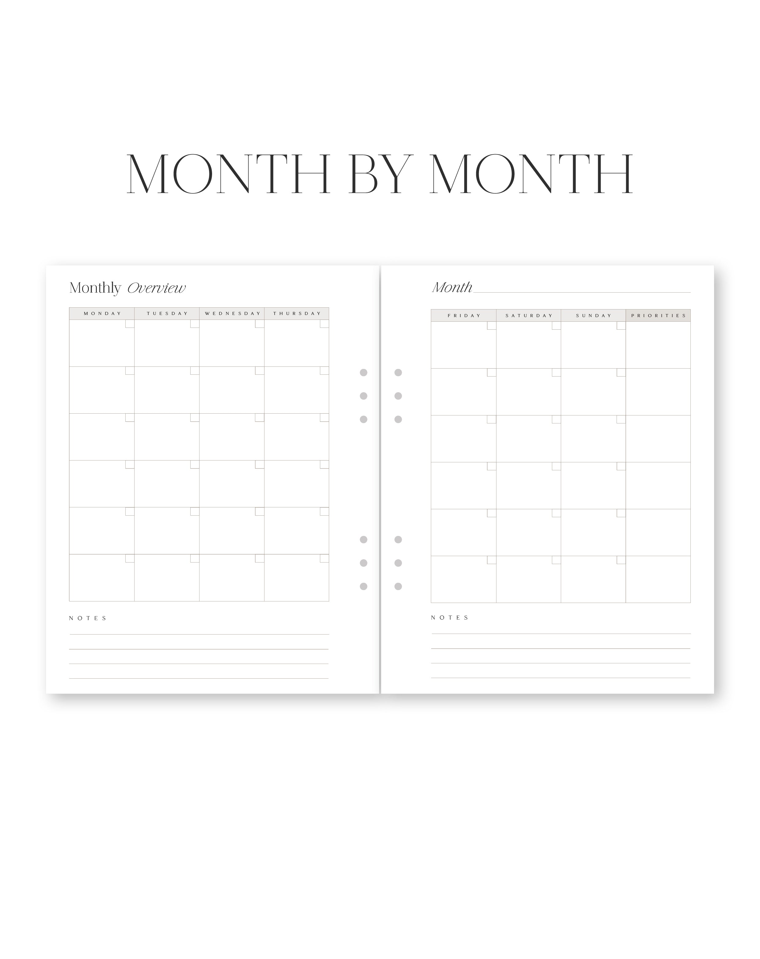 Two-page spread of a planner with 'Month by Month' title and monthly overview layout.