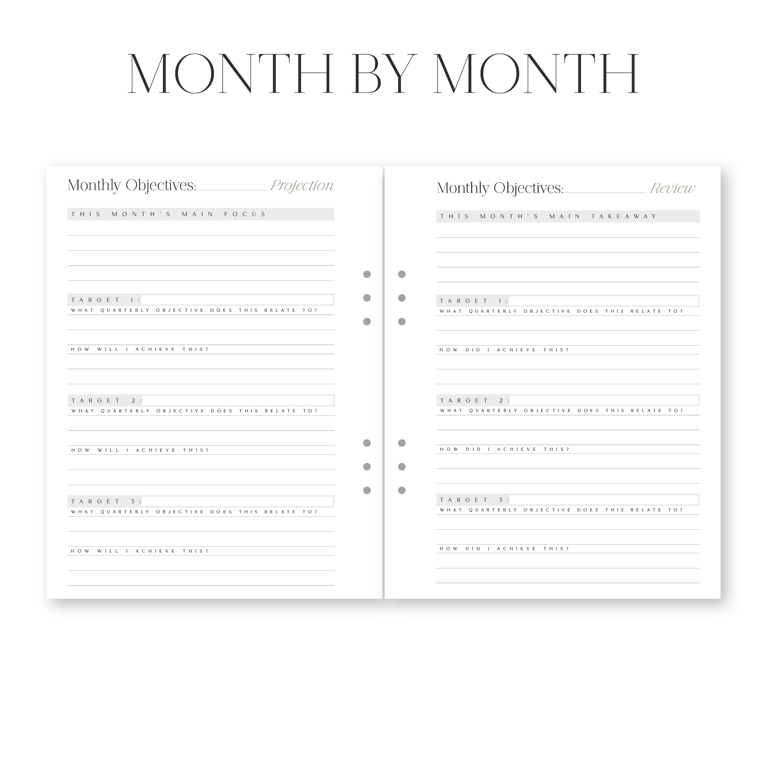 Two-page spread of a planner with 'Month by Month' at the top.