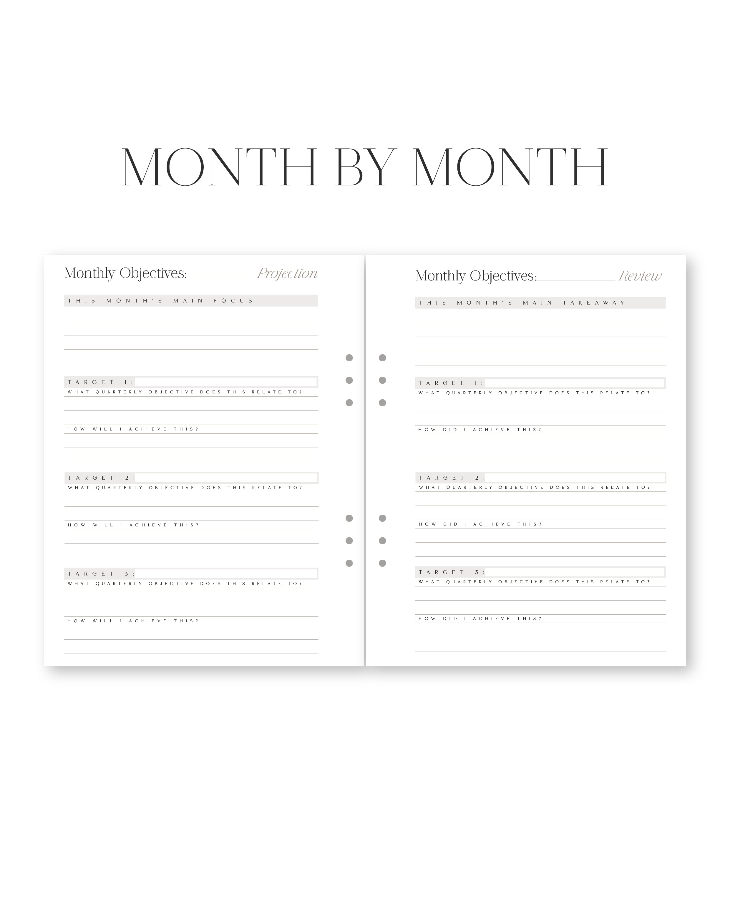 Two-page spread of a planner with 'Month by Month' at the top.