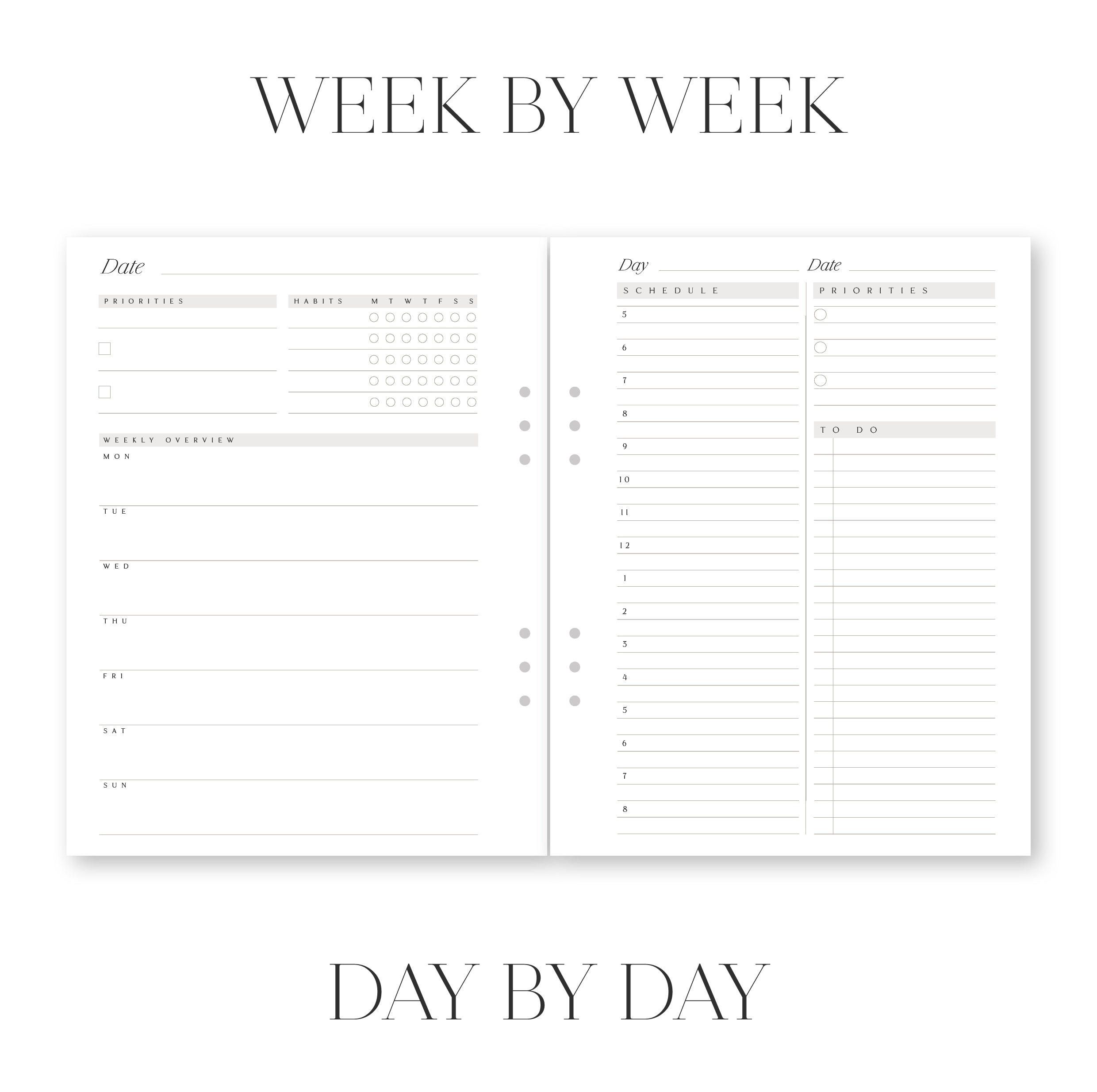 Two-page spread of a planner with weekly and daily scheduling layout.