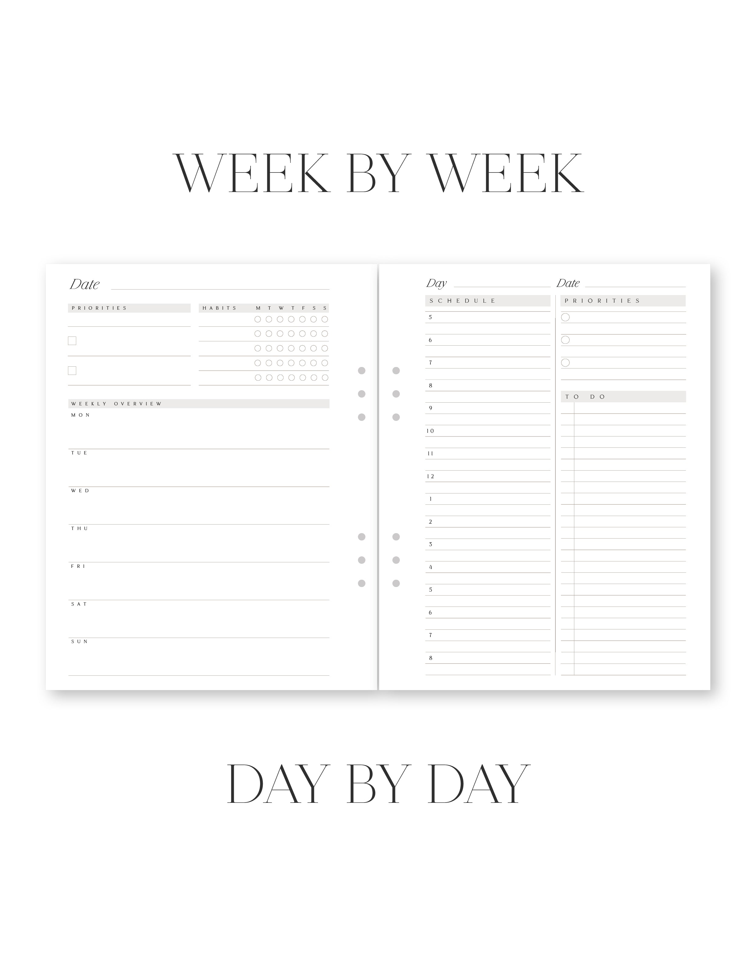 Two-page spread of a planner with weekly and daily scheduling layout.