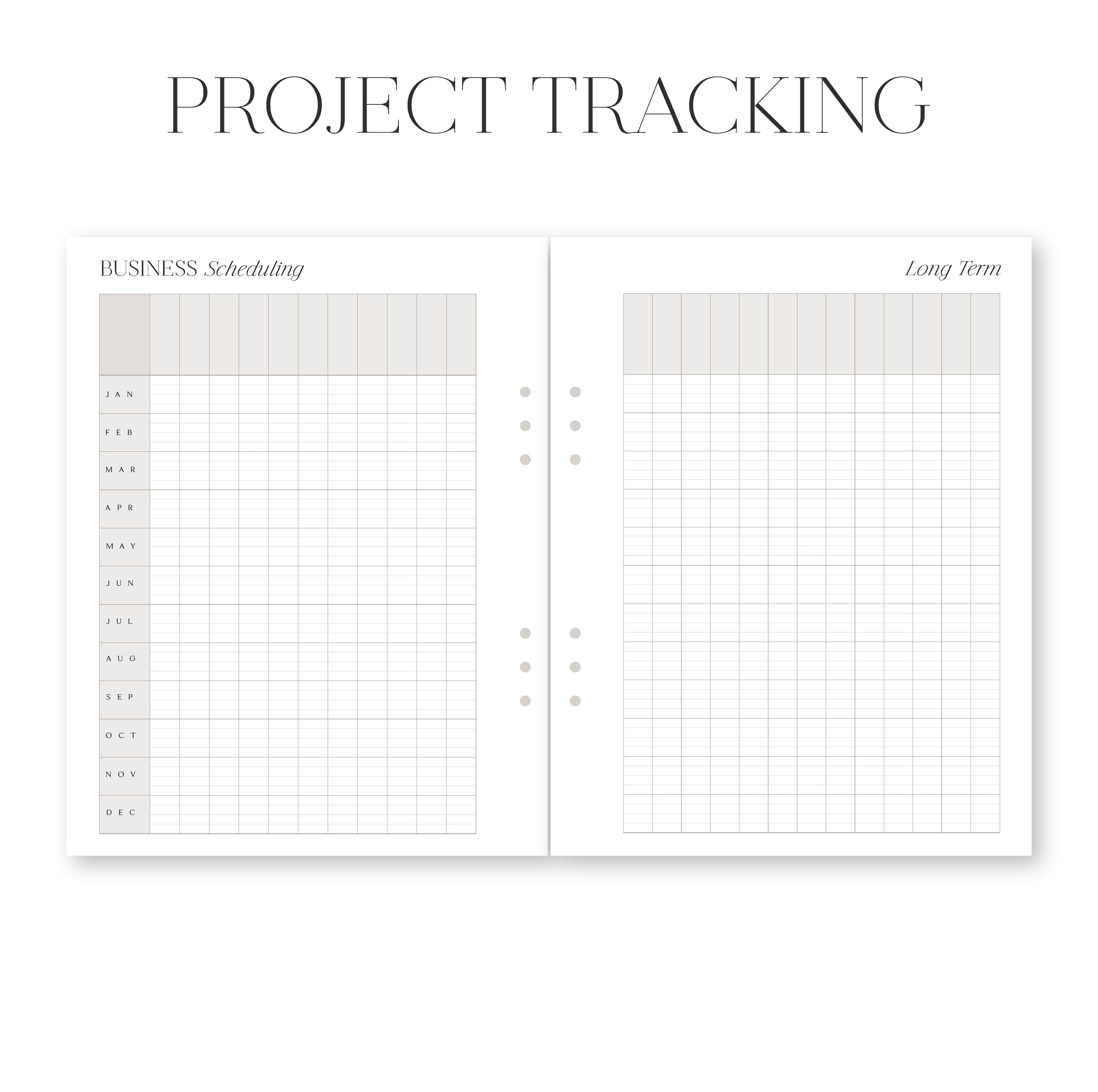 Project tracking planner with two sections labeled 'Business Scheduling' and 'Long Term'.
