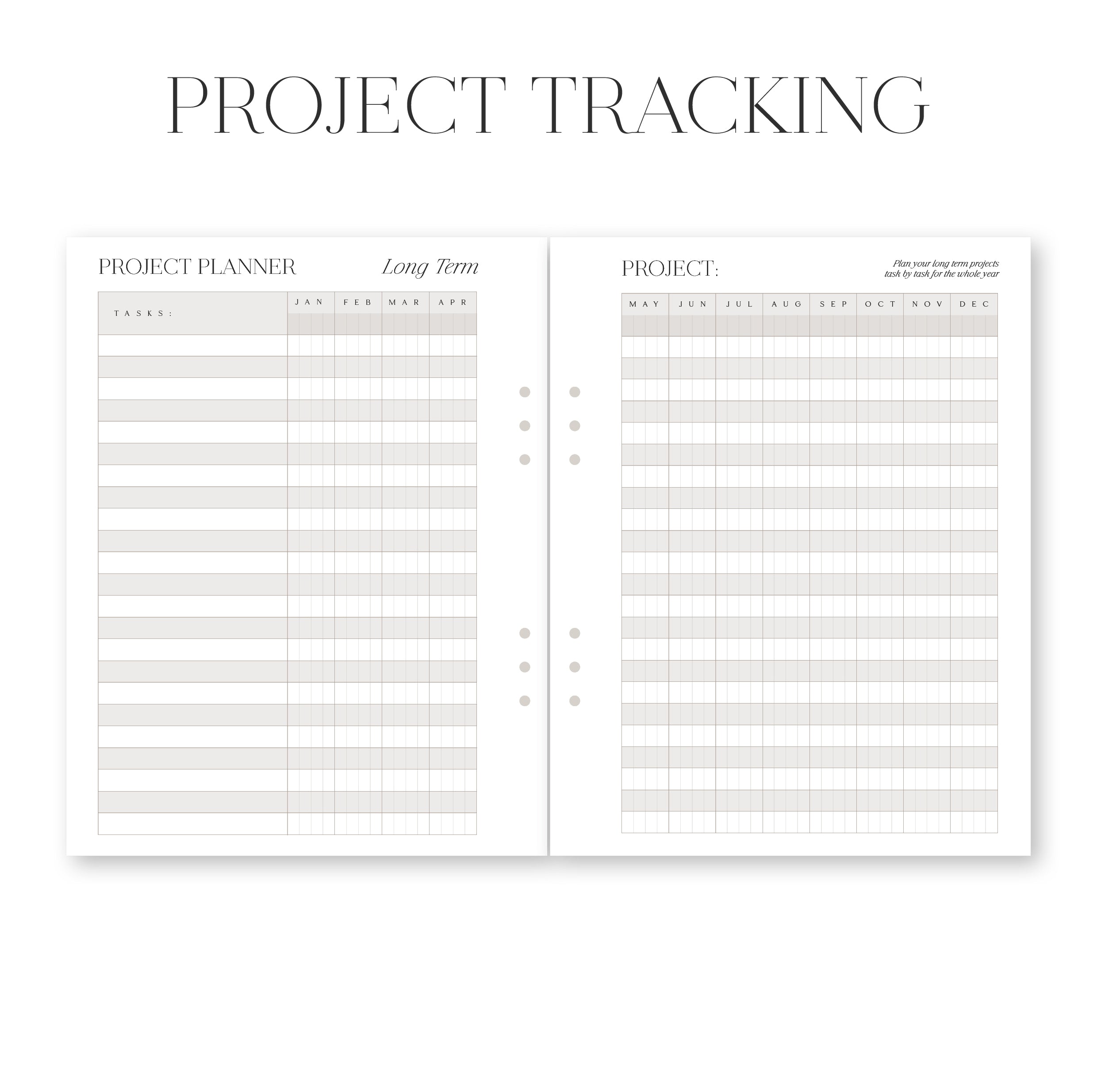 Two project tracking pages from a planner on a white background