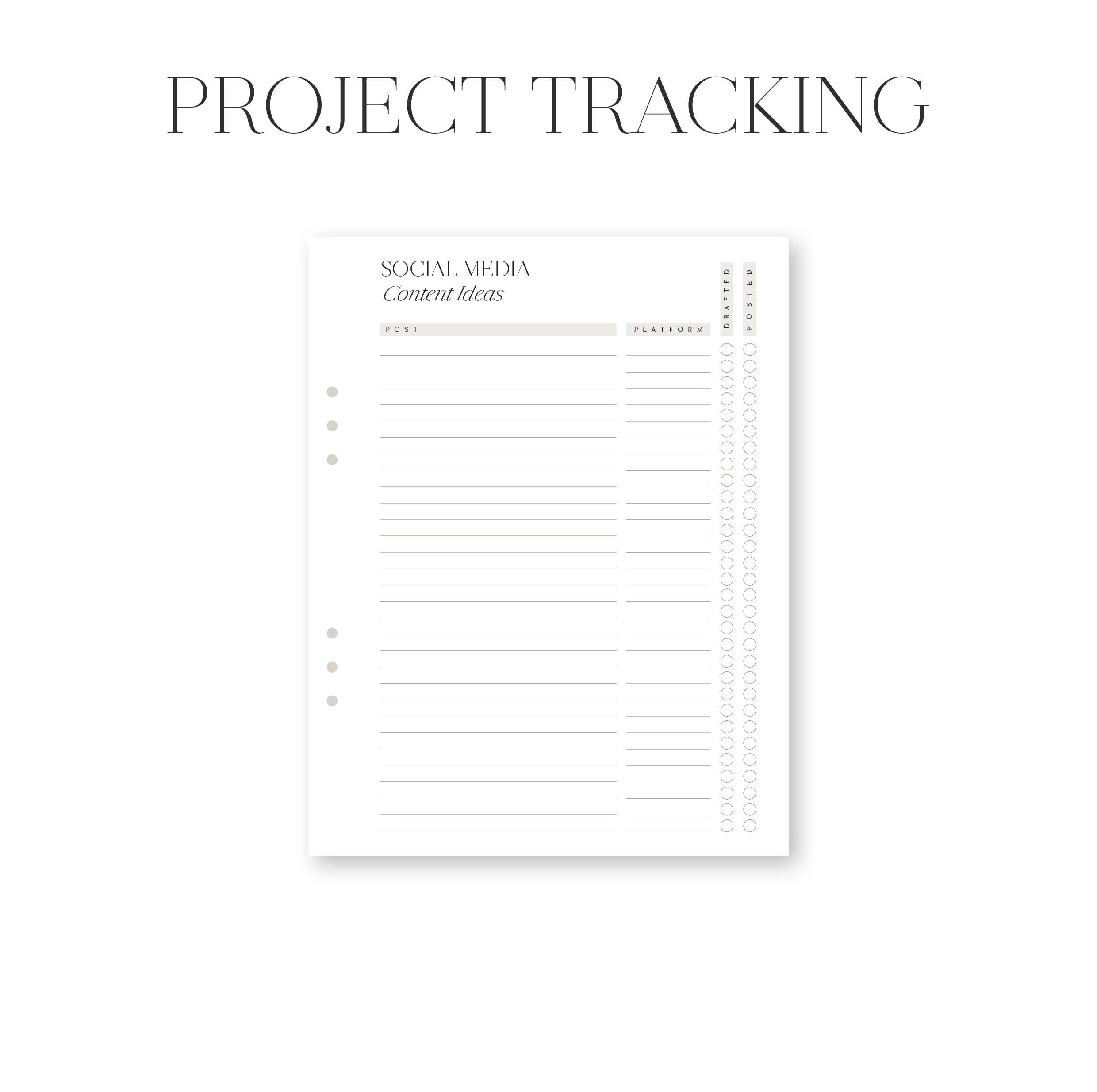 Project tracking sheet with columns for social media content ideas on a white background