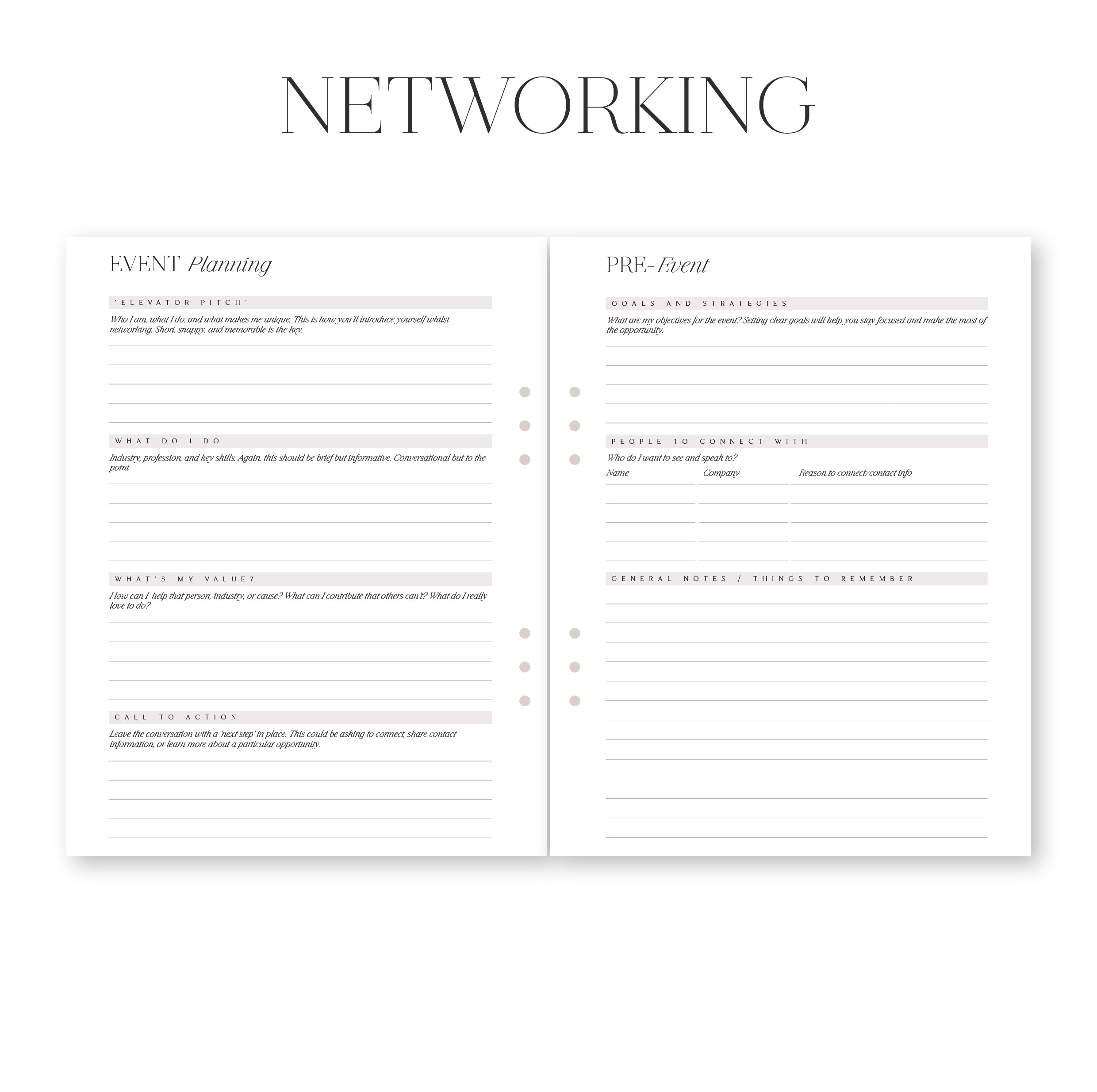 Two-page spread from a book or notebook titled 'Networking' with sections for event planning and PR event.