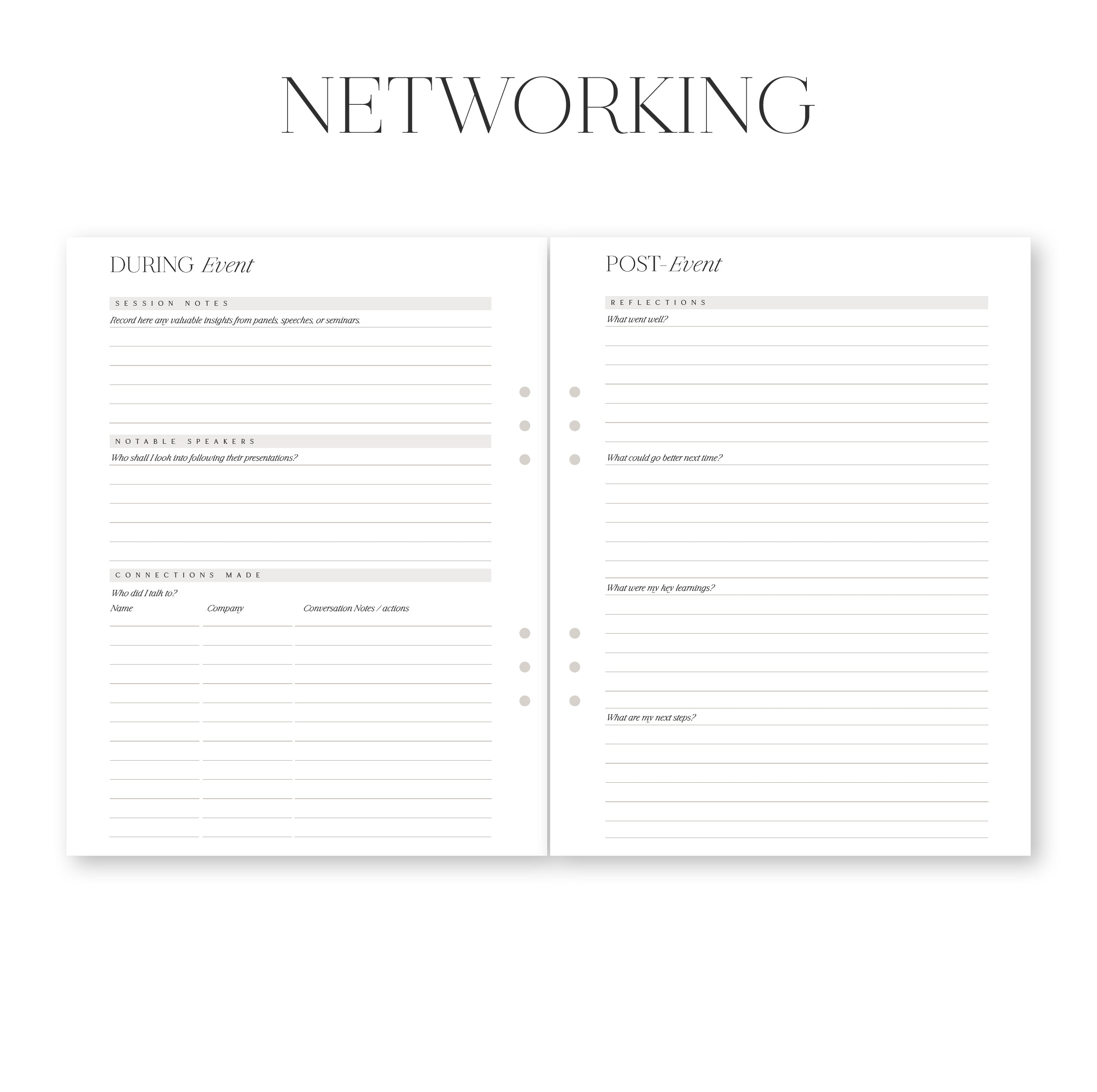 Networking planning sheet with sections for 'During Event' and 'Post Event'.