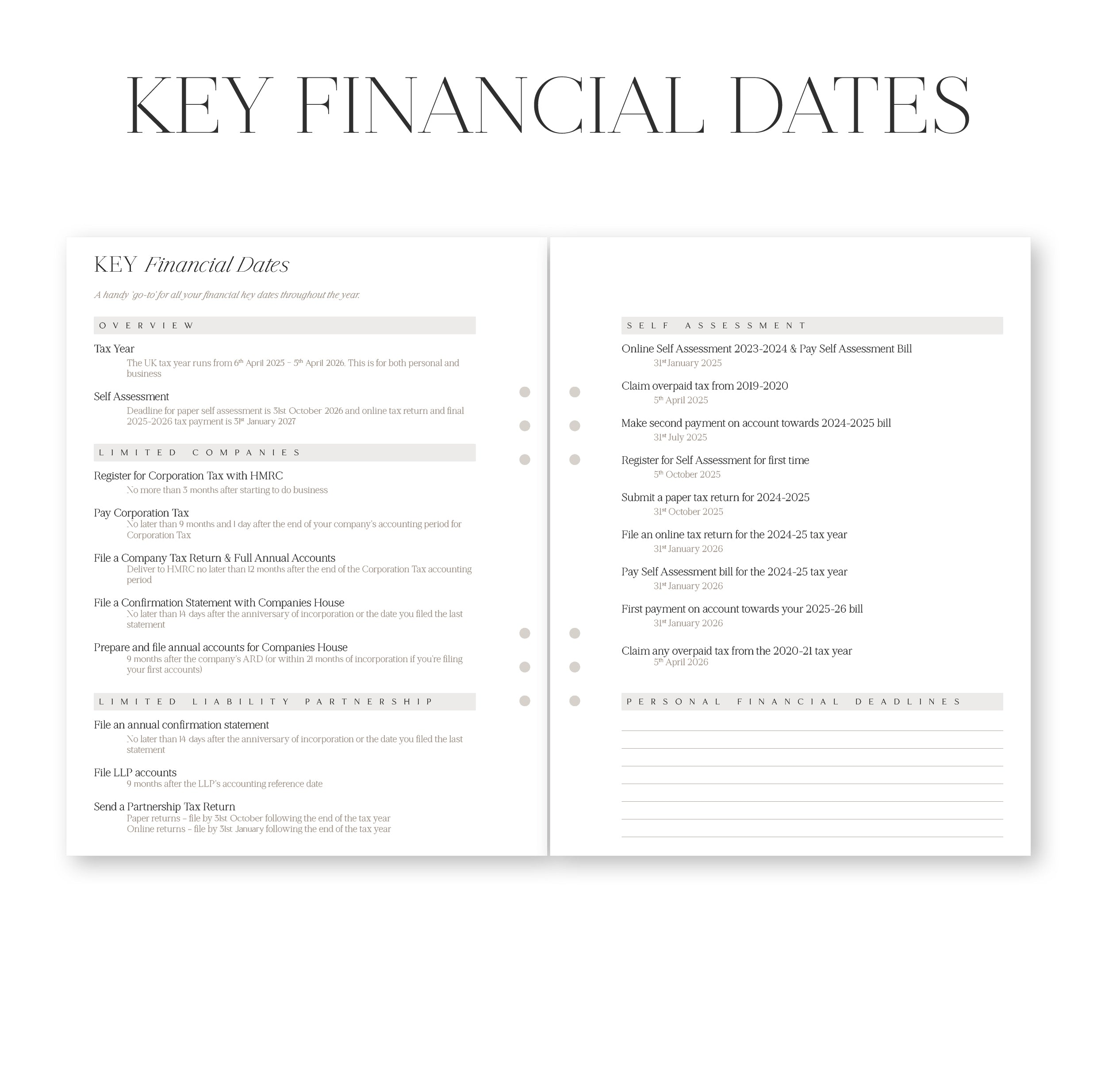 Business planner key financial dates