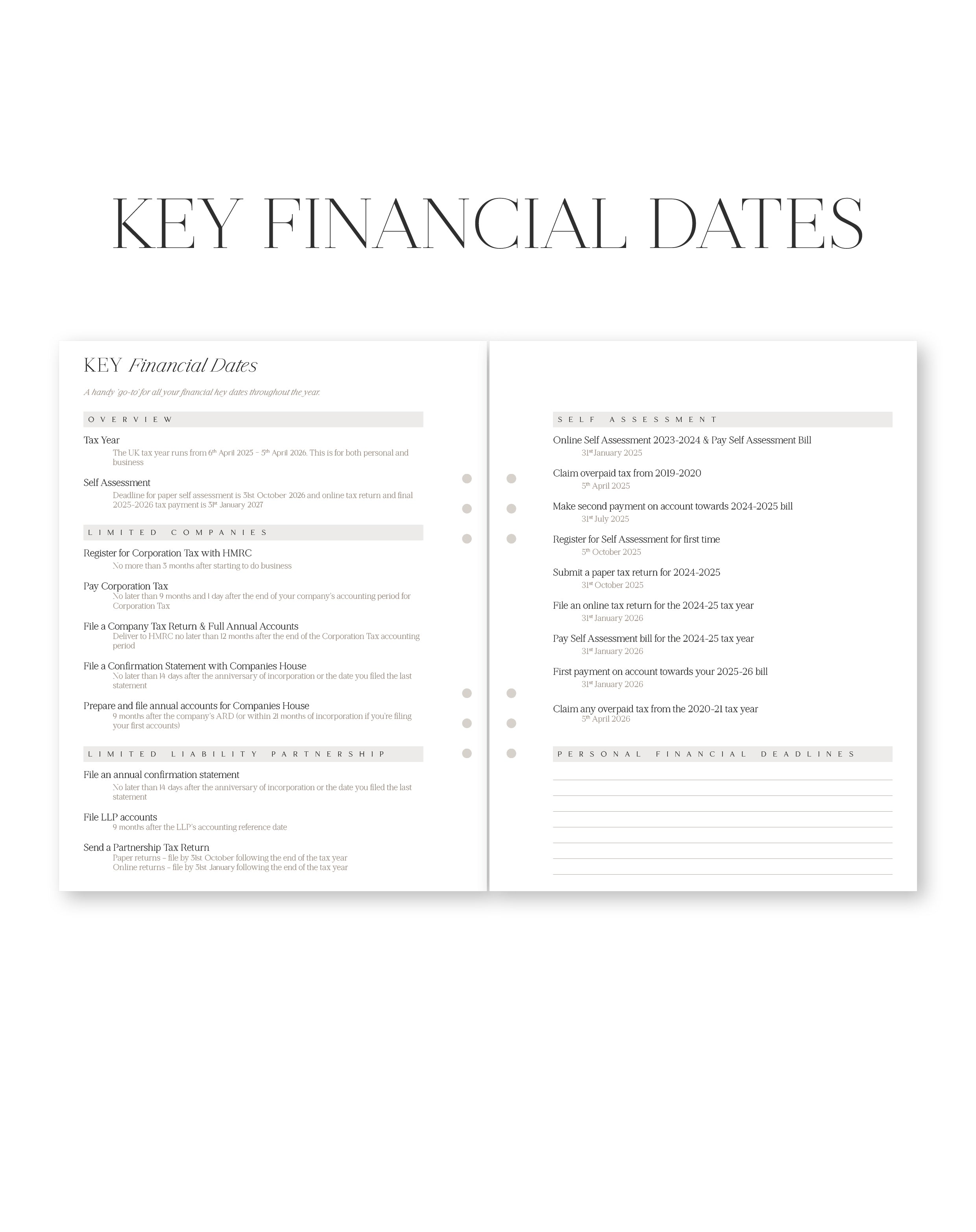 Business planner key financial dates