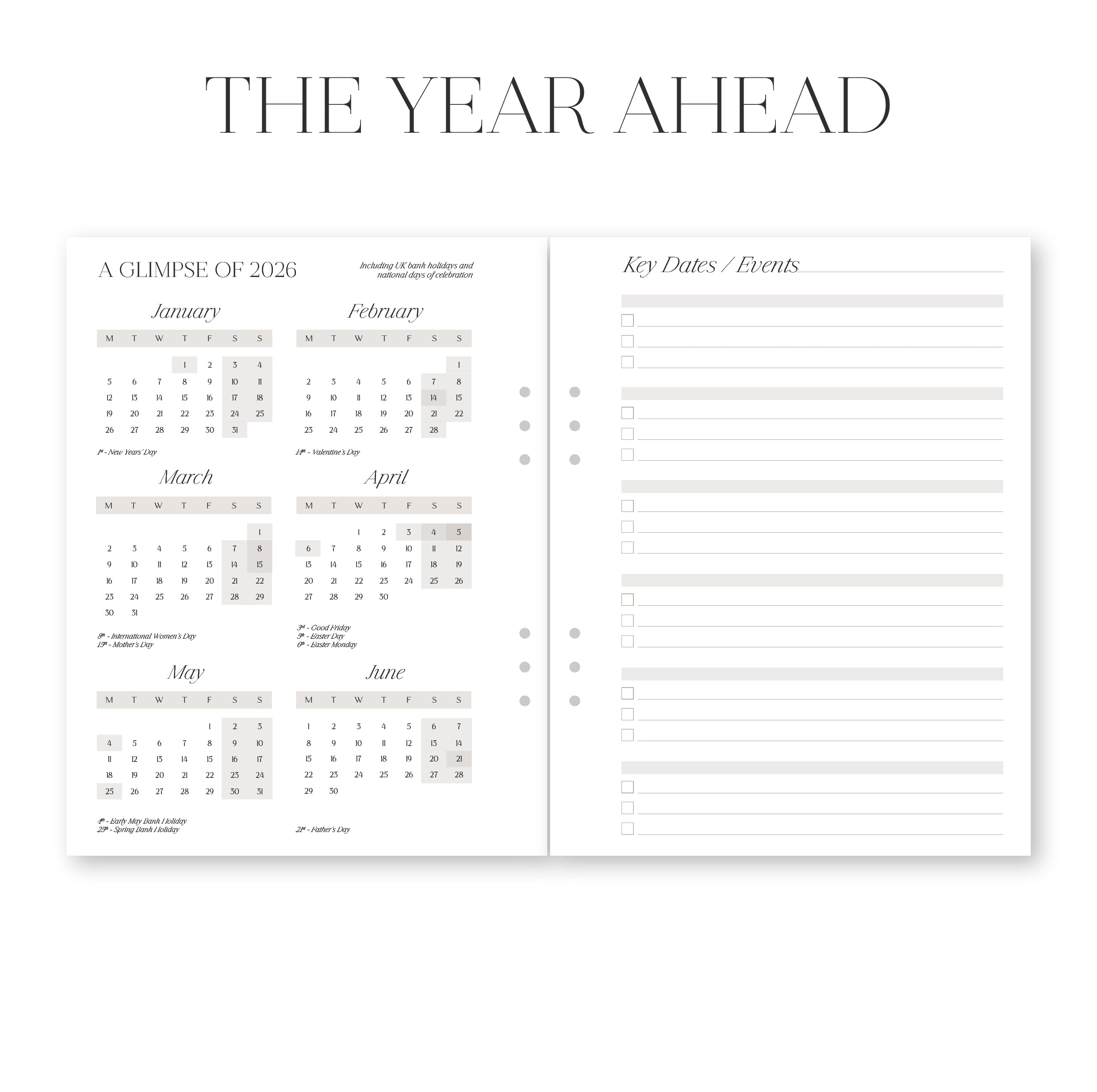 Yearly calendar and event planner on a white background