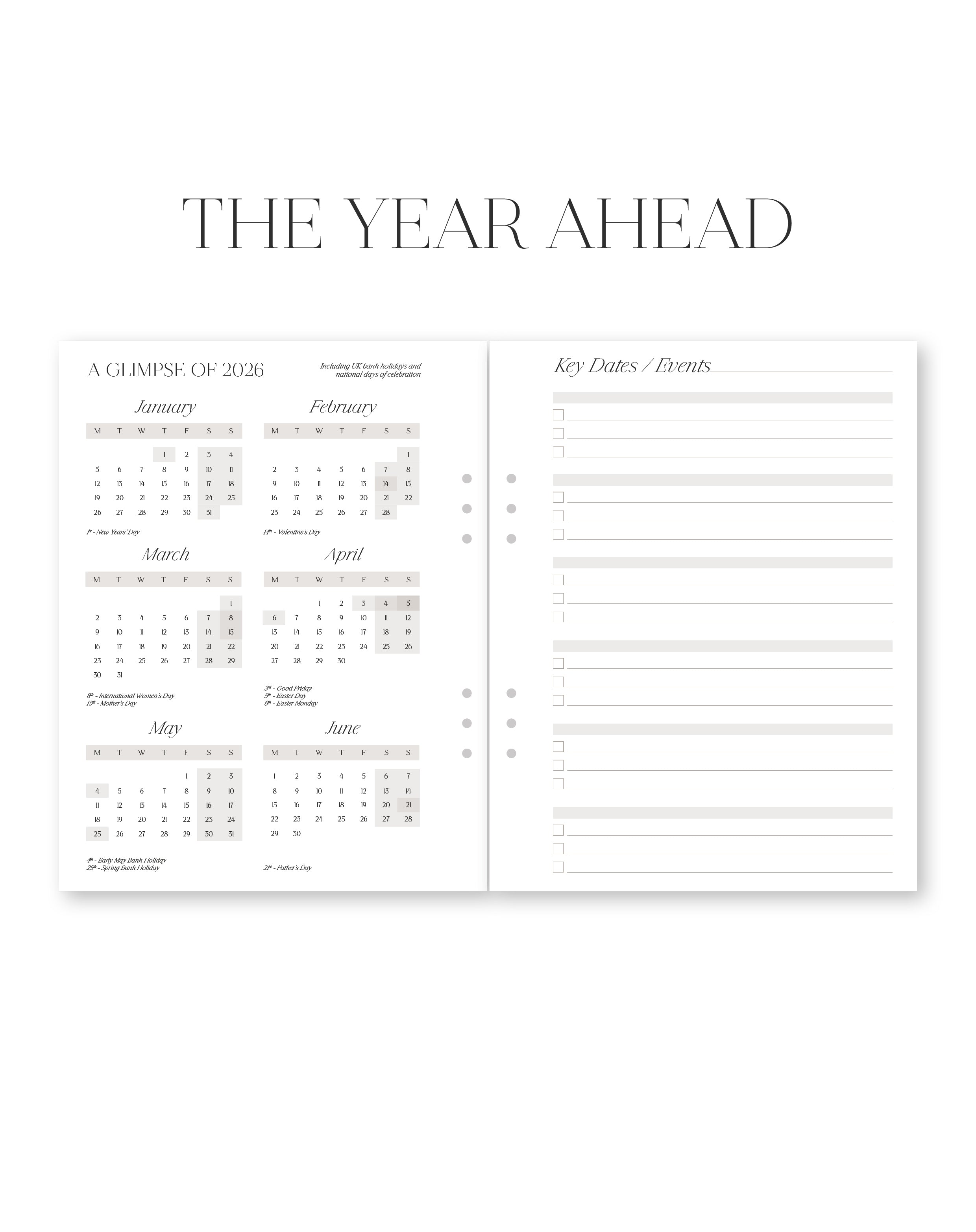 Yearly calendar and event planner on a white background