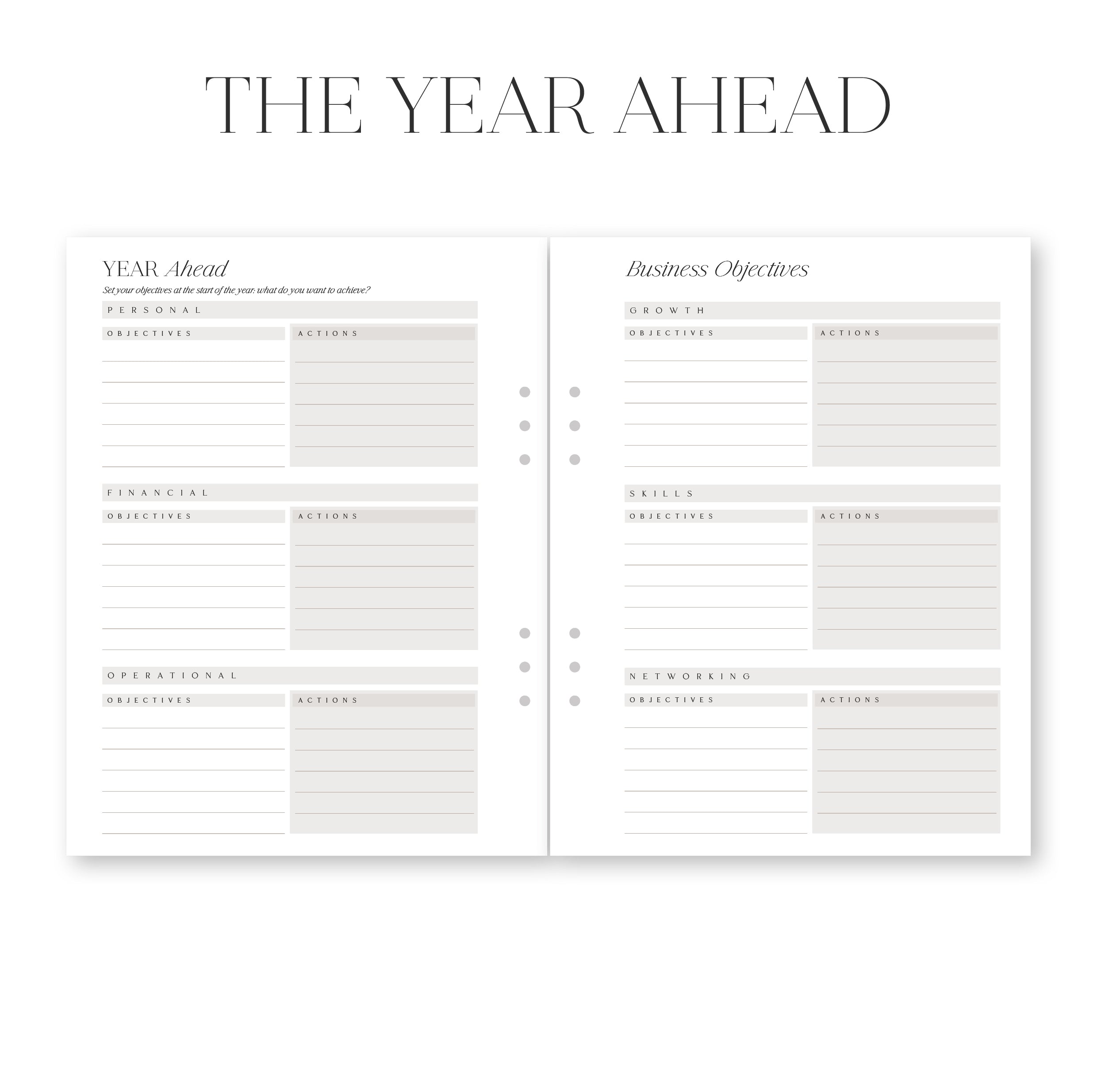 Two-page spread of a planner titled 'The Year Ahead' with sections for planning and objectives.