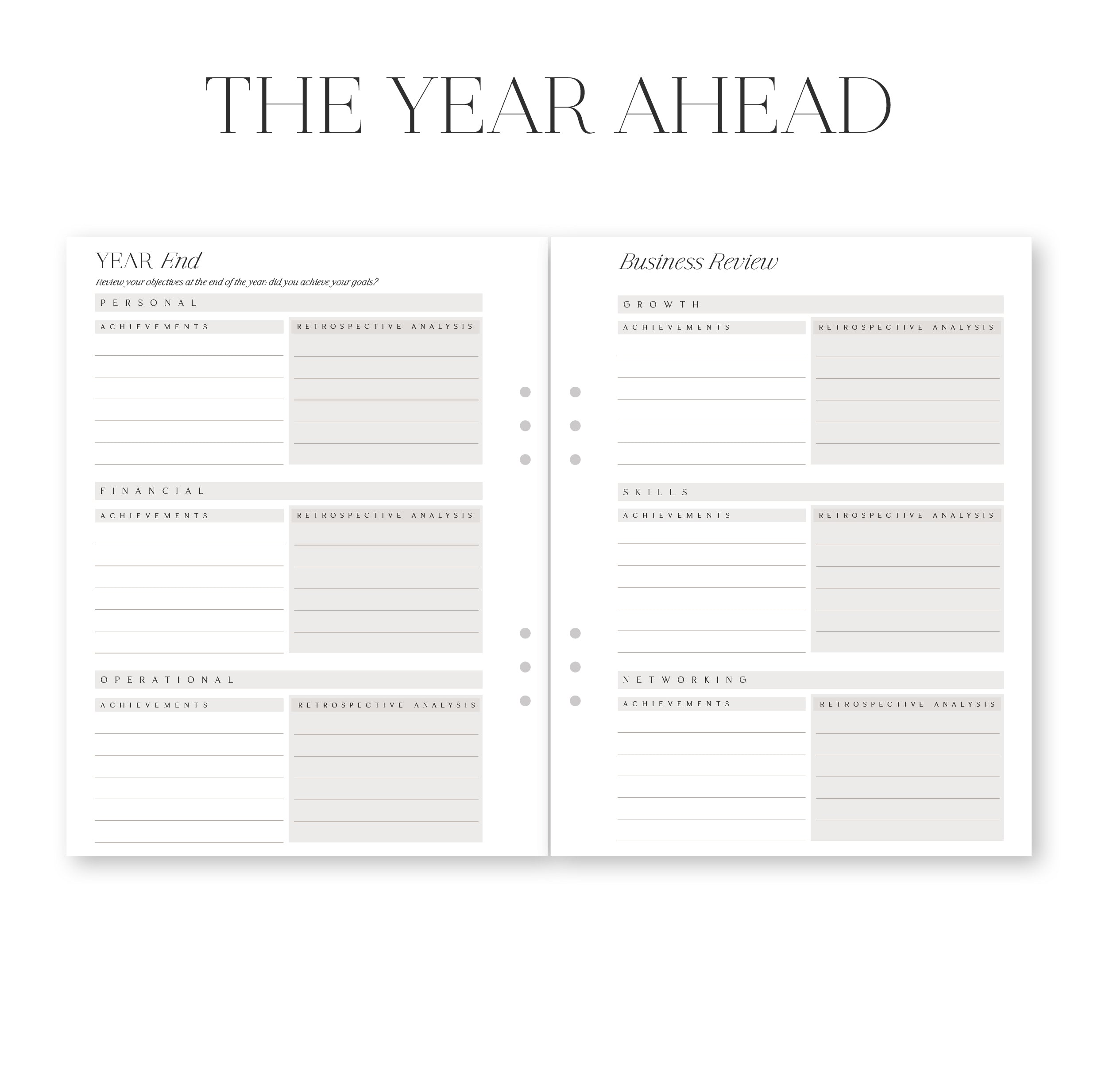 Yearly planning sheet with sections for Year End and Business Review on a white background.