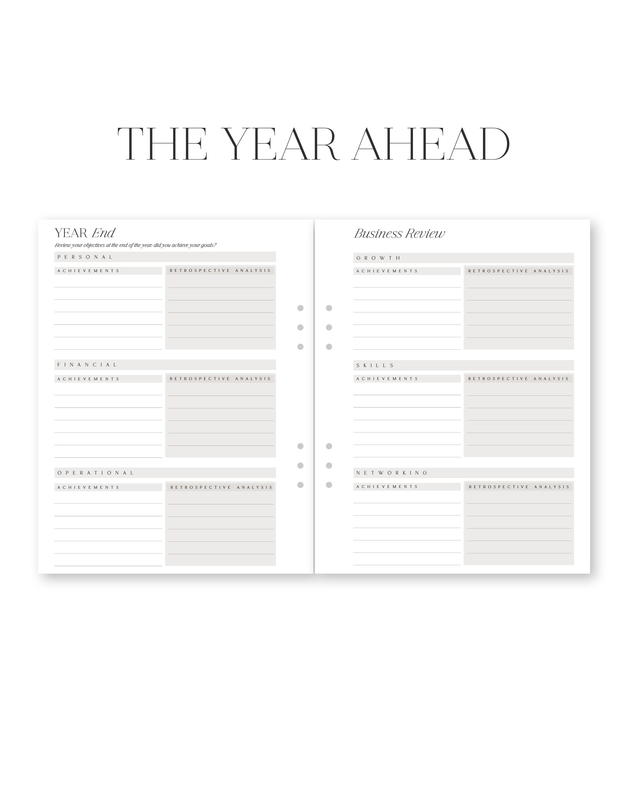 Yearly planning sheet with sections for Year End and Business Review on a white background.