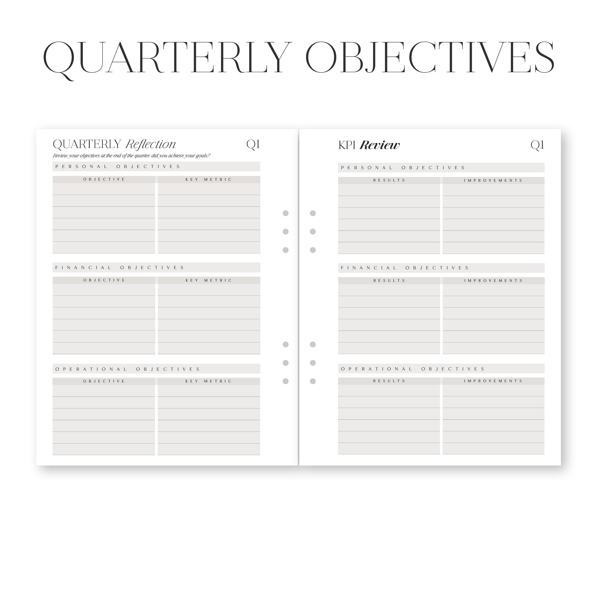 Two sheets of paper with 'Quarterly Objectives' heading and checklists on a white background.