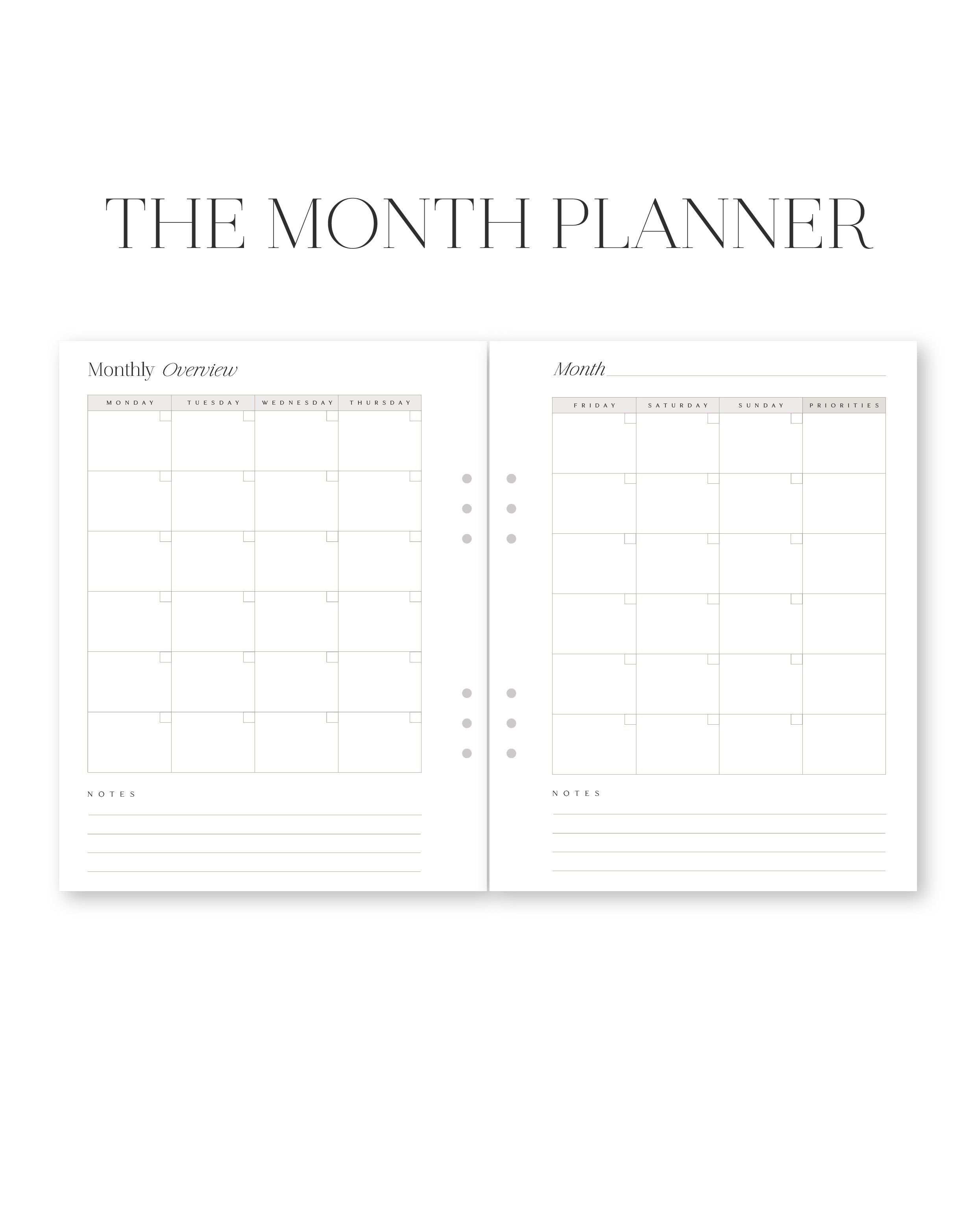 Two pages from 'The Month Planner' showing monthly overview and monthly layout.