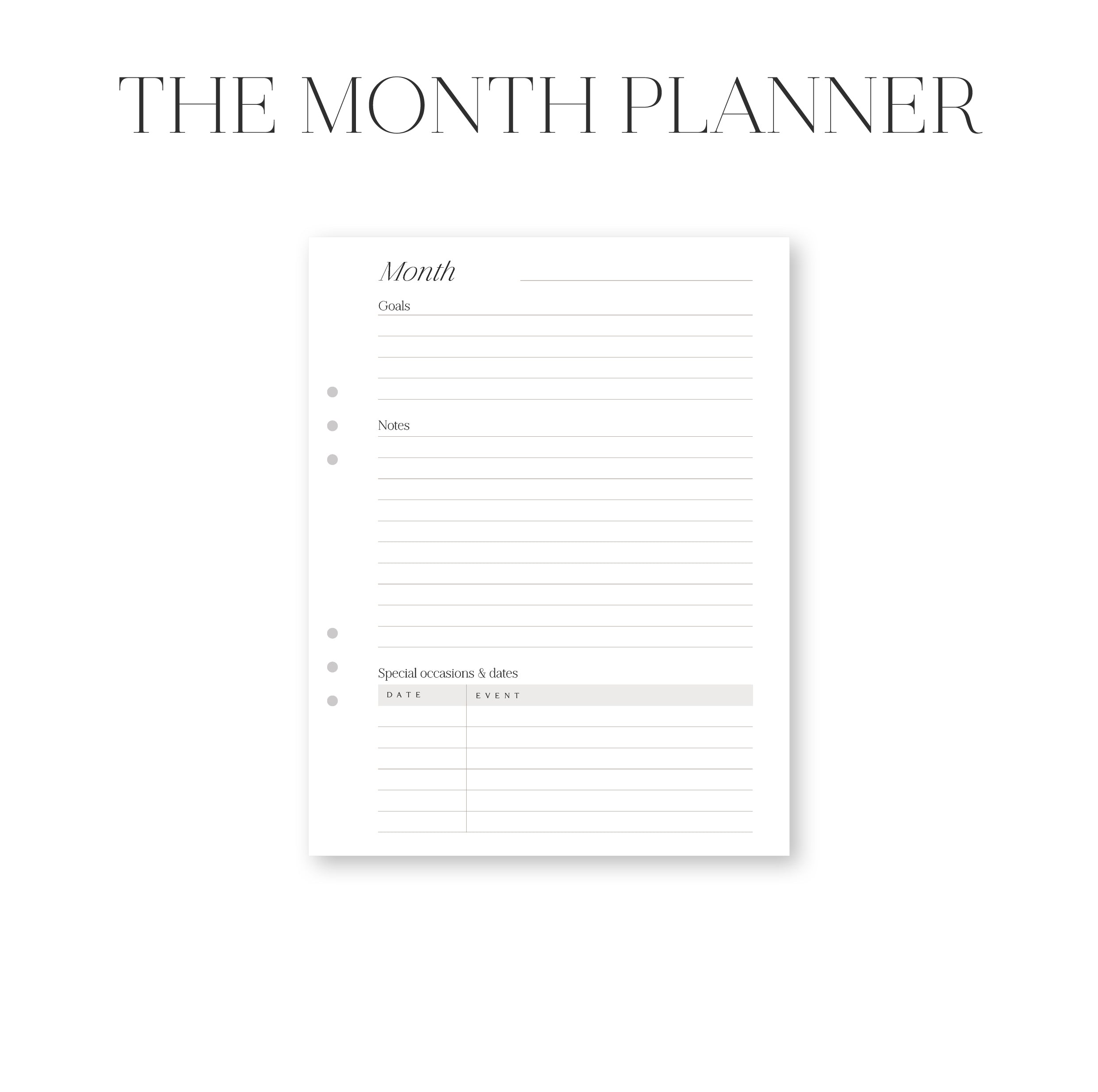 Month planner template with black text on a white background