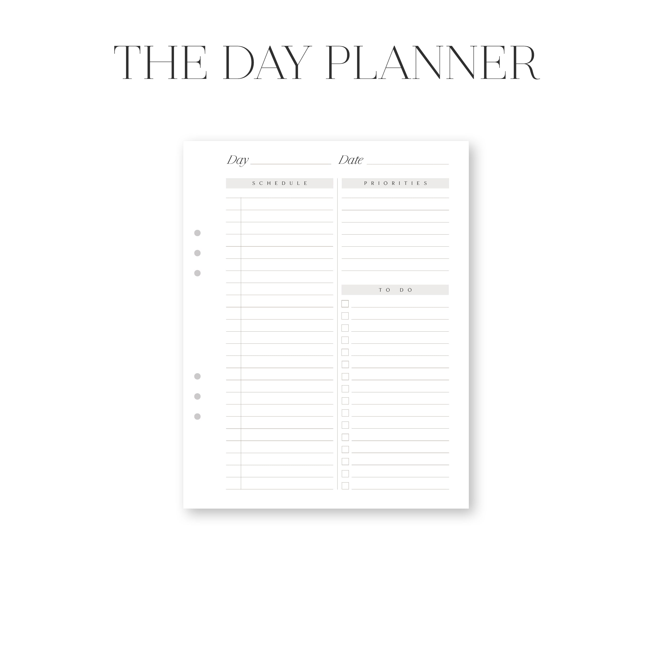 White planner with text 'THE DAY PLANNER' on a white background