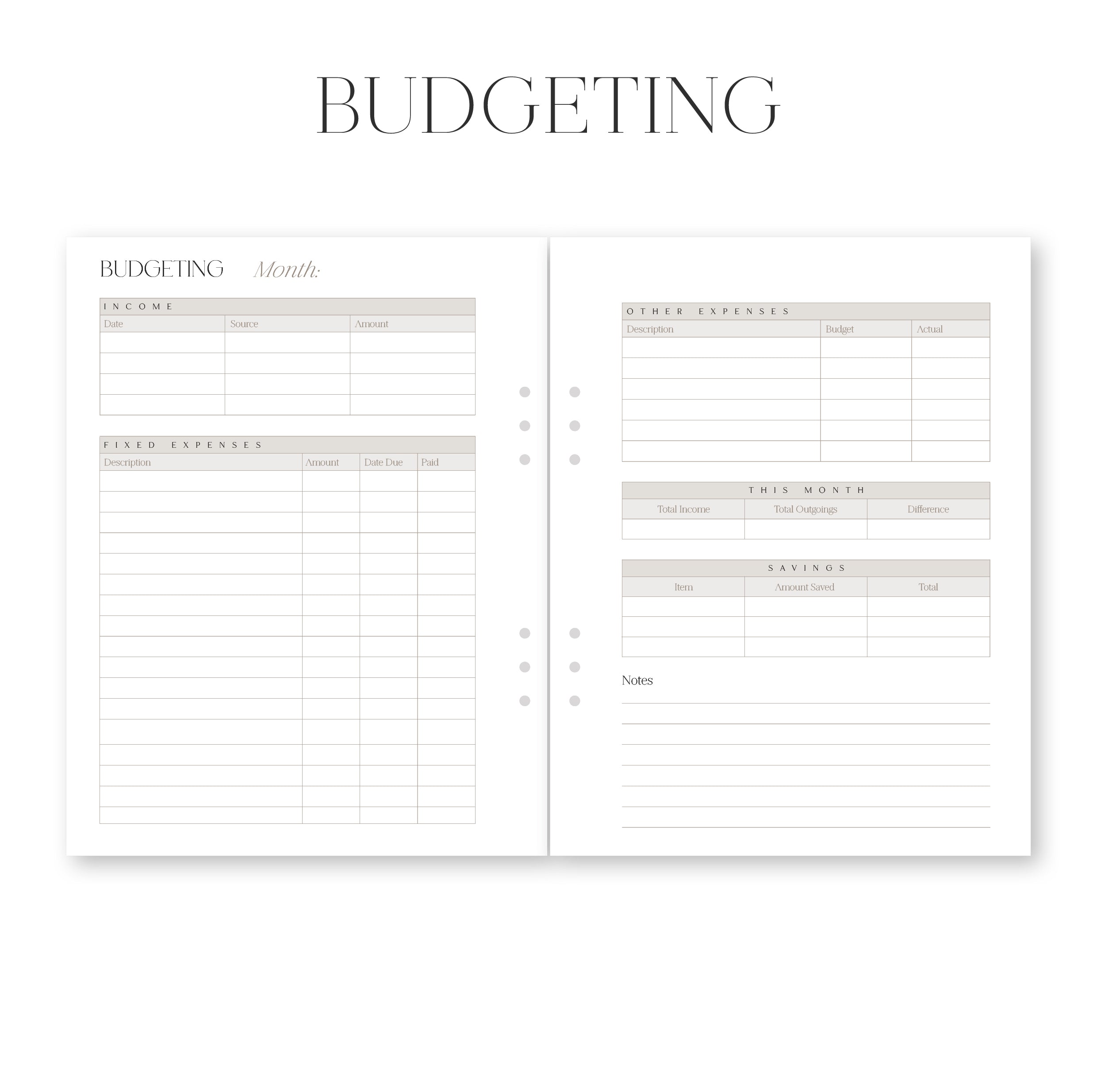 Budgeting planner page with columns for income, expenses, and notes on a white background.