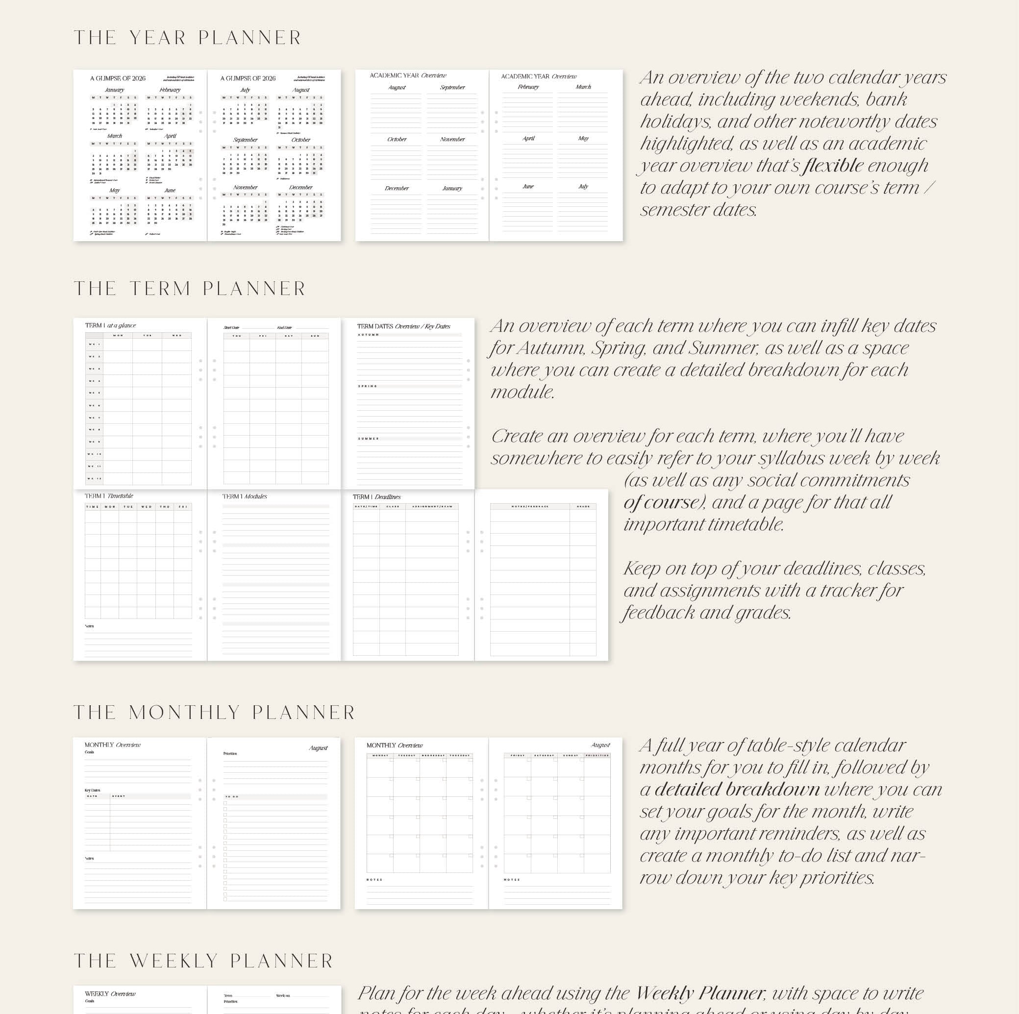 Planner design with text and layout on a beige background