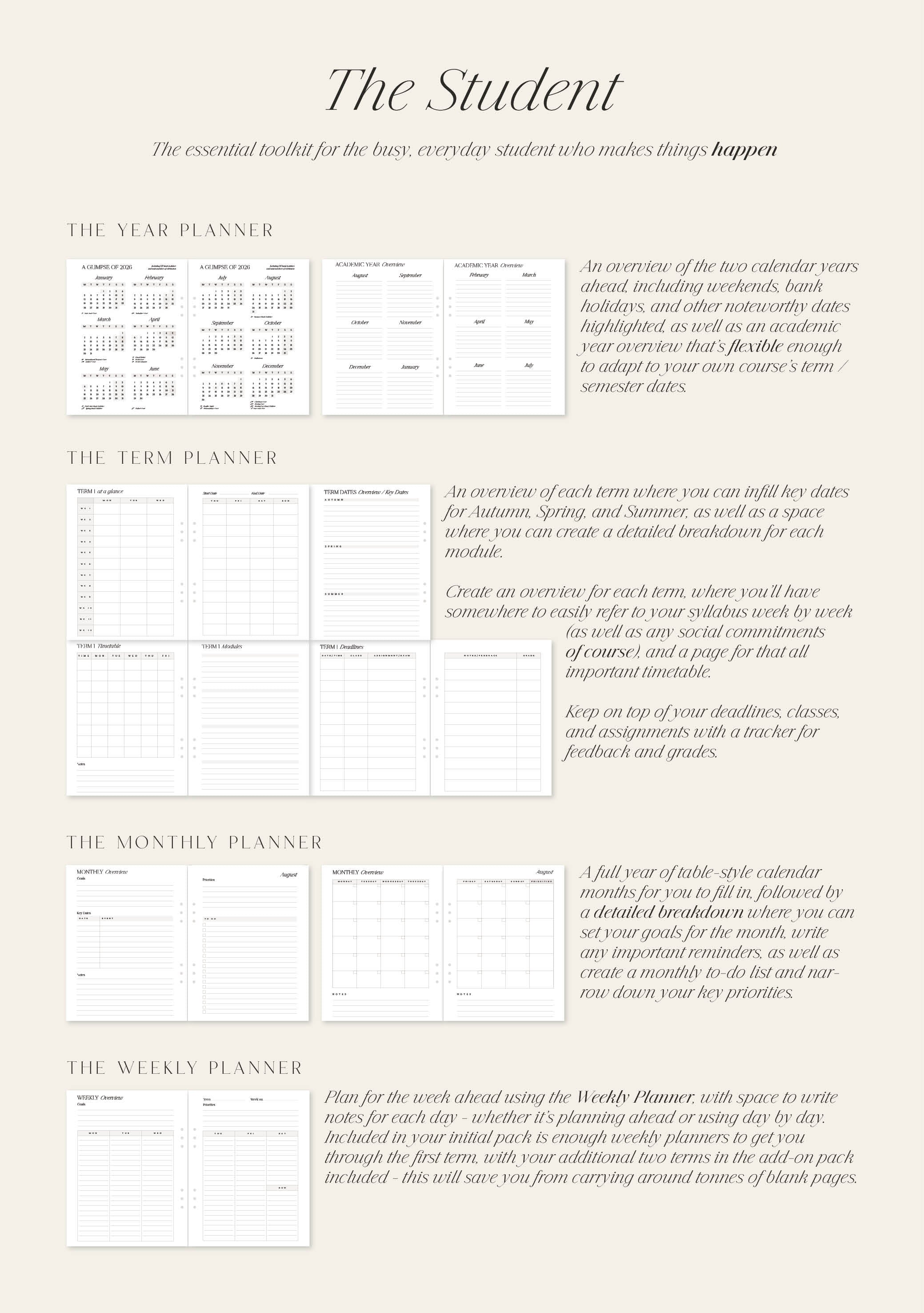 Planner design with text and layout on a beige background
