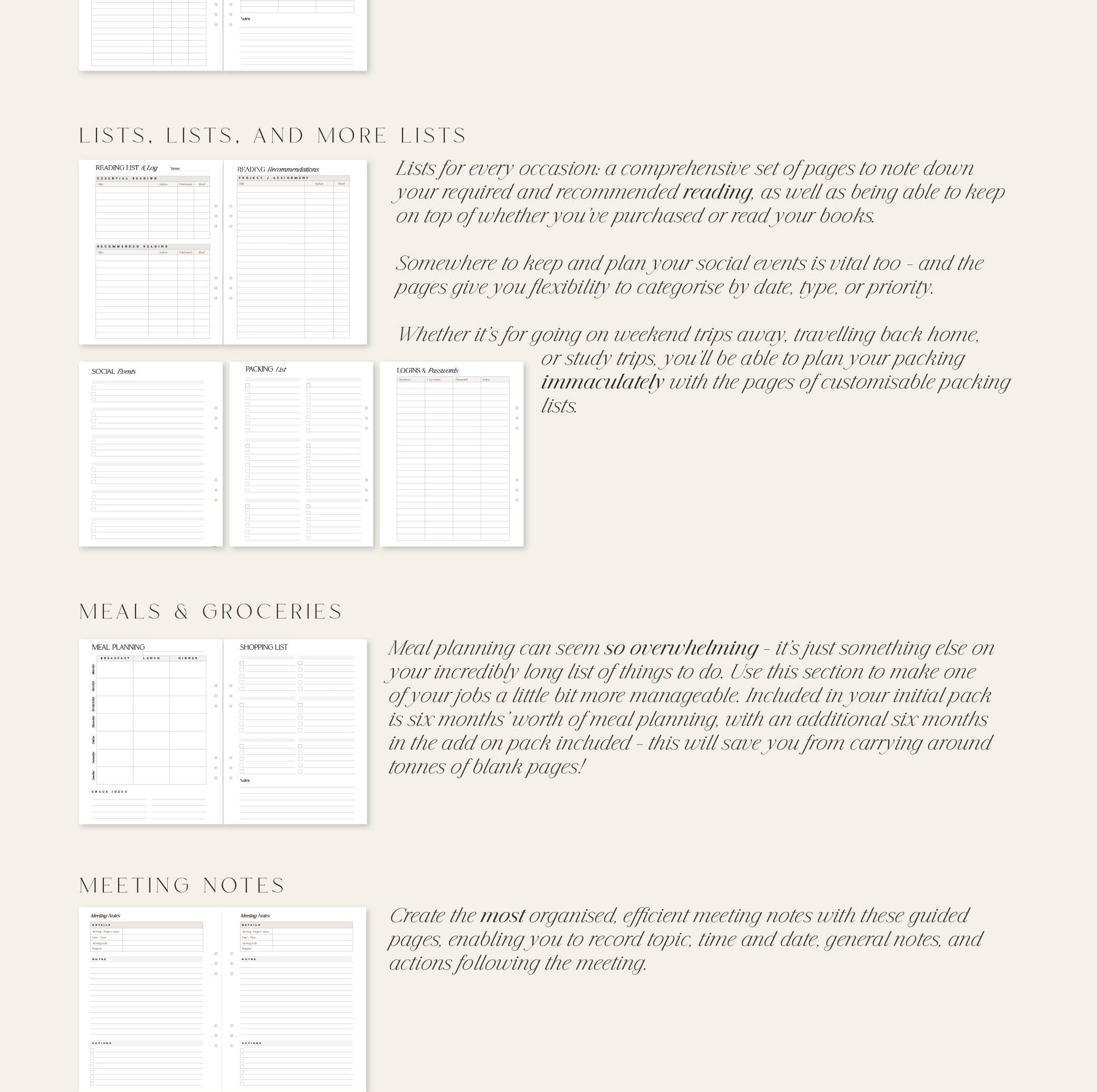 Pages from a planner or journal with text and checkboxes on a beige background