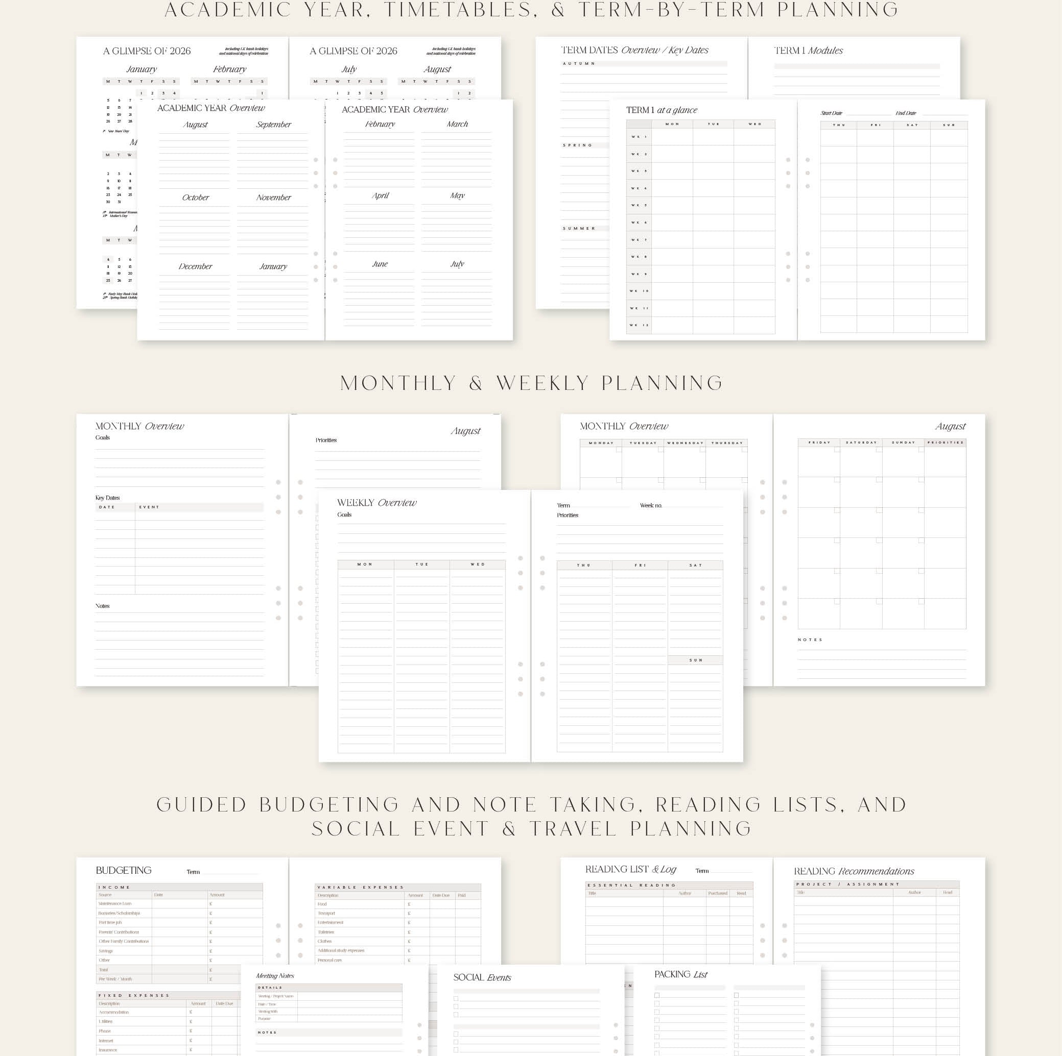 Collection of student planners with various sections on a beige background