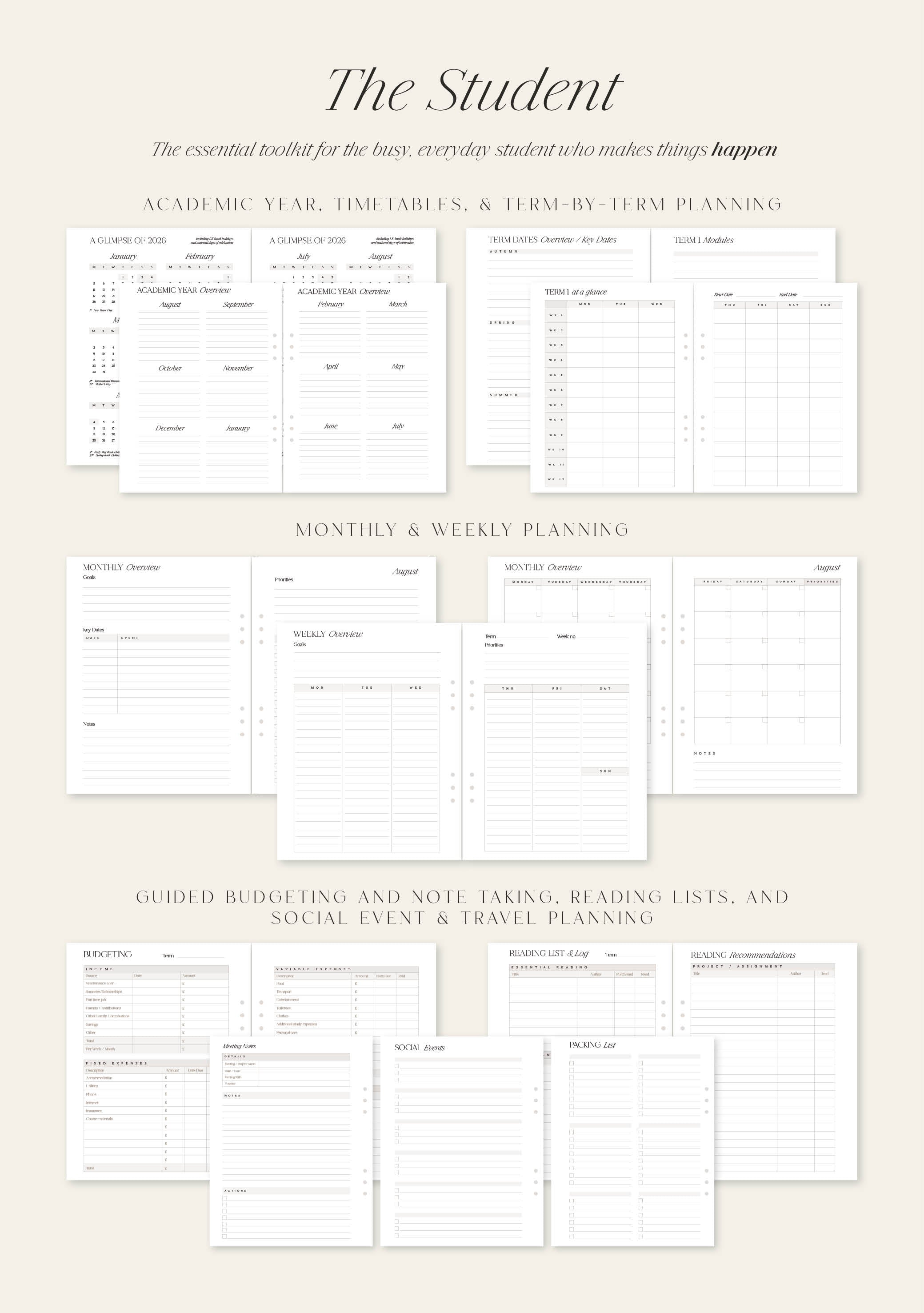 Collection of student planners with various sections on a beige background