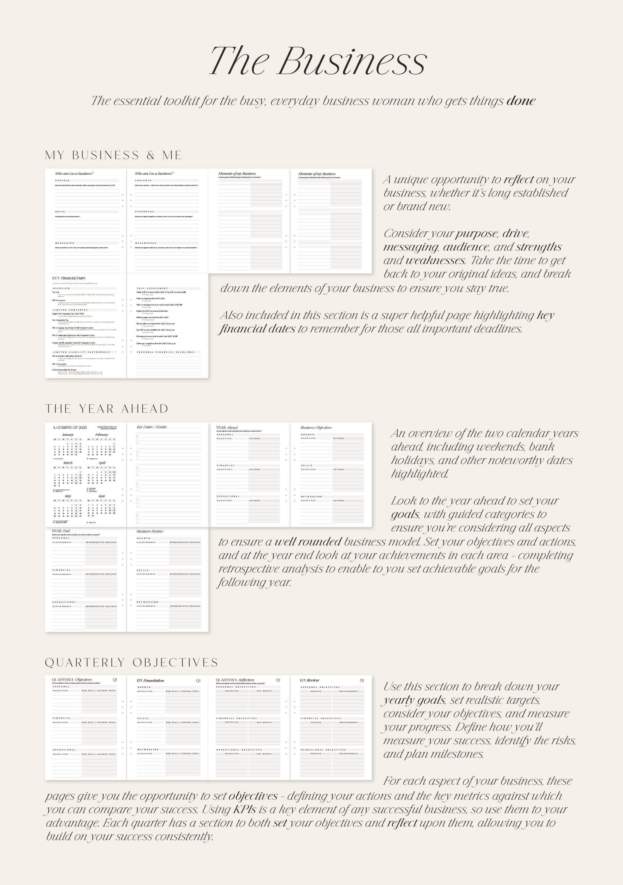 Business planning document with sections titled 'My Business & Me', 'The Year Ahead', and 'Quarterly Objectives' on a beige background.