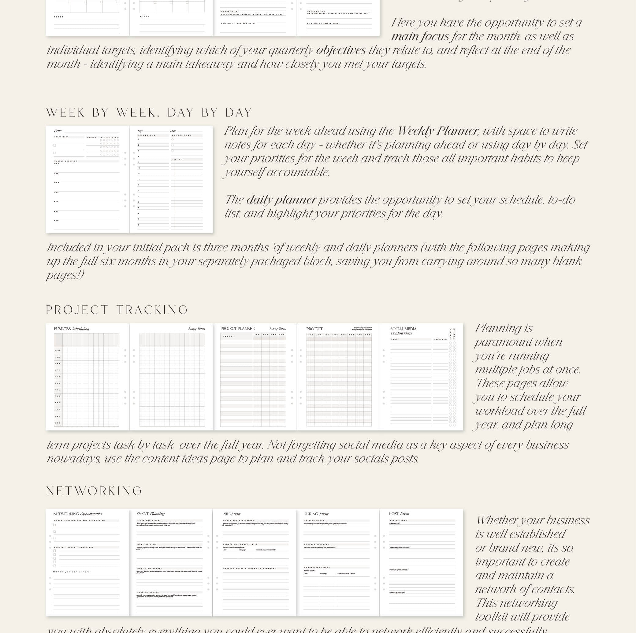 Textual description of a planner layout with sections for monthly, weekly, and project tracking.
