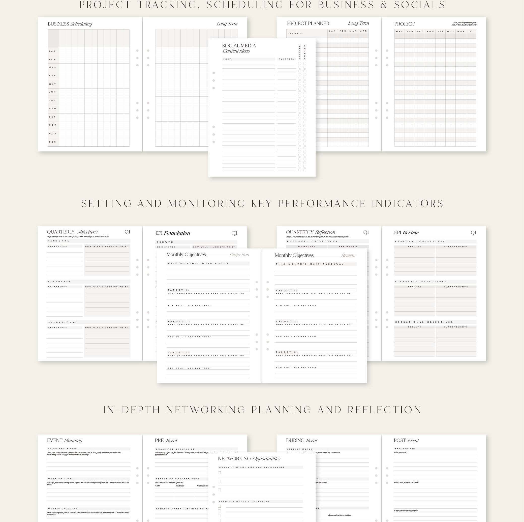 Product packaging for 'The Business' planner with project tracking and scheduling sections.