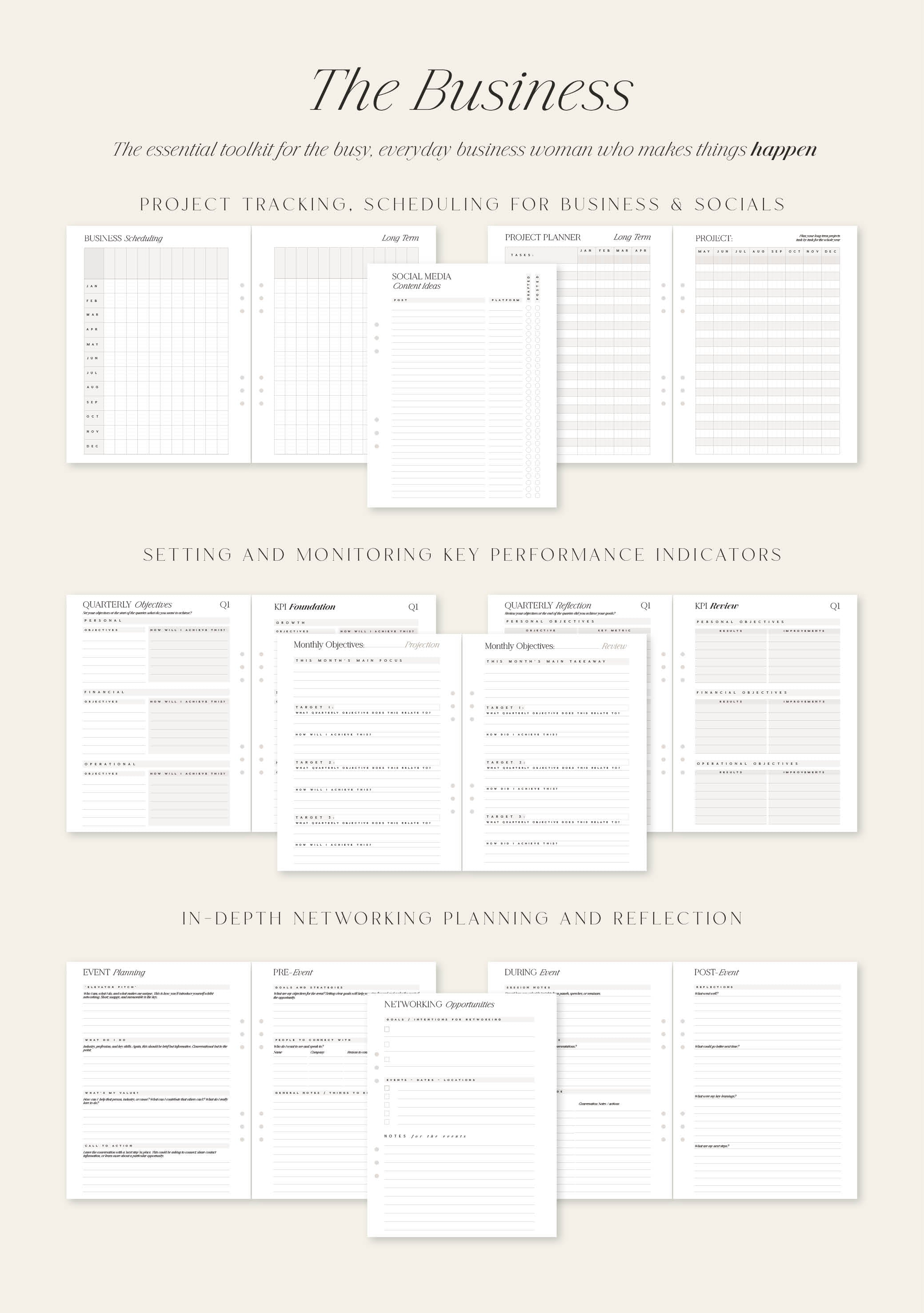 Product packaging for 'The Business' planner with project tracking and scheduling sections.
