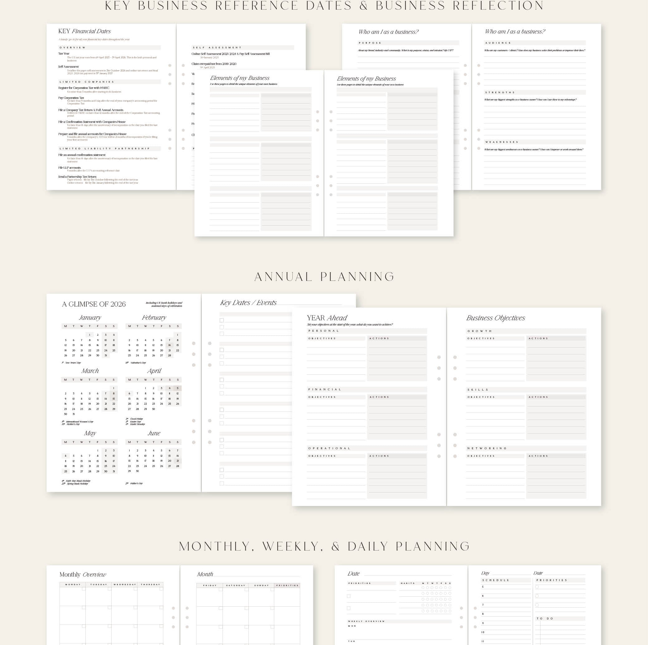Business planner with various sections on a beige background