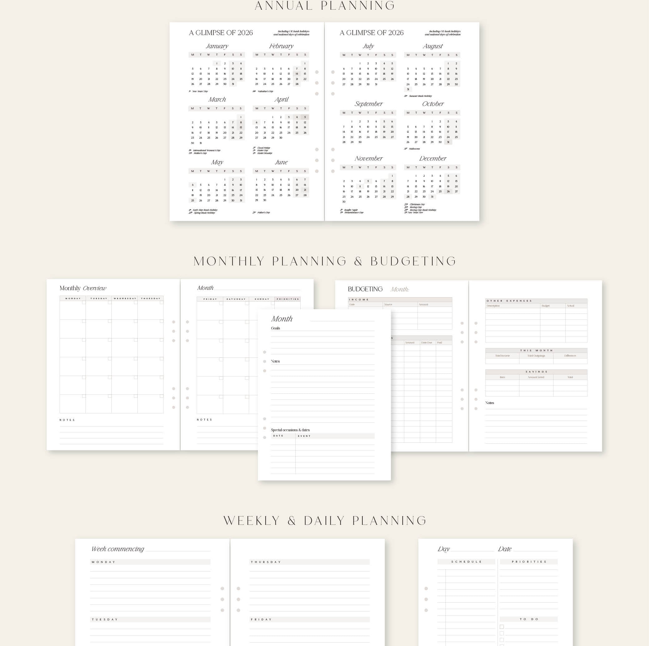 Collection of planning sheets with text on a beige background