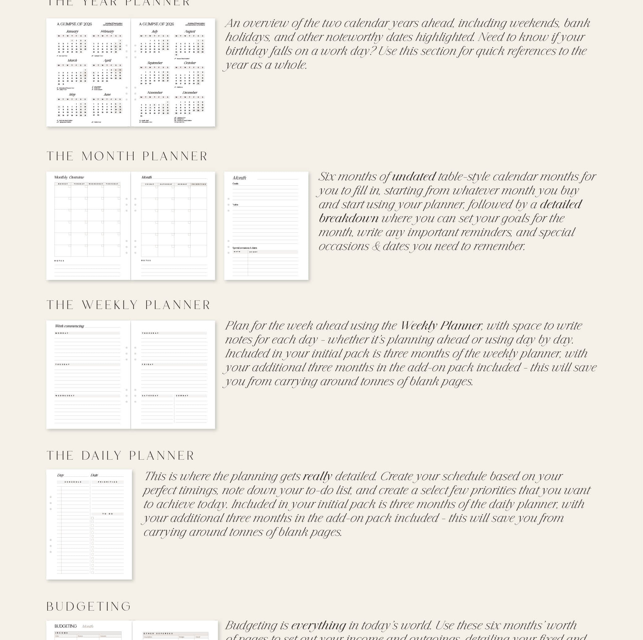 Planner with various sections for daily, weekly, monthly, and yearly planning on a beige background.