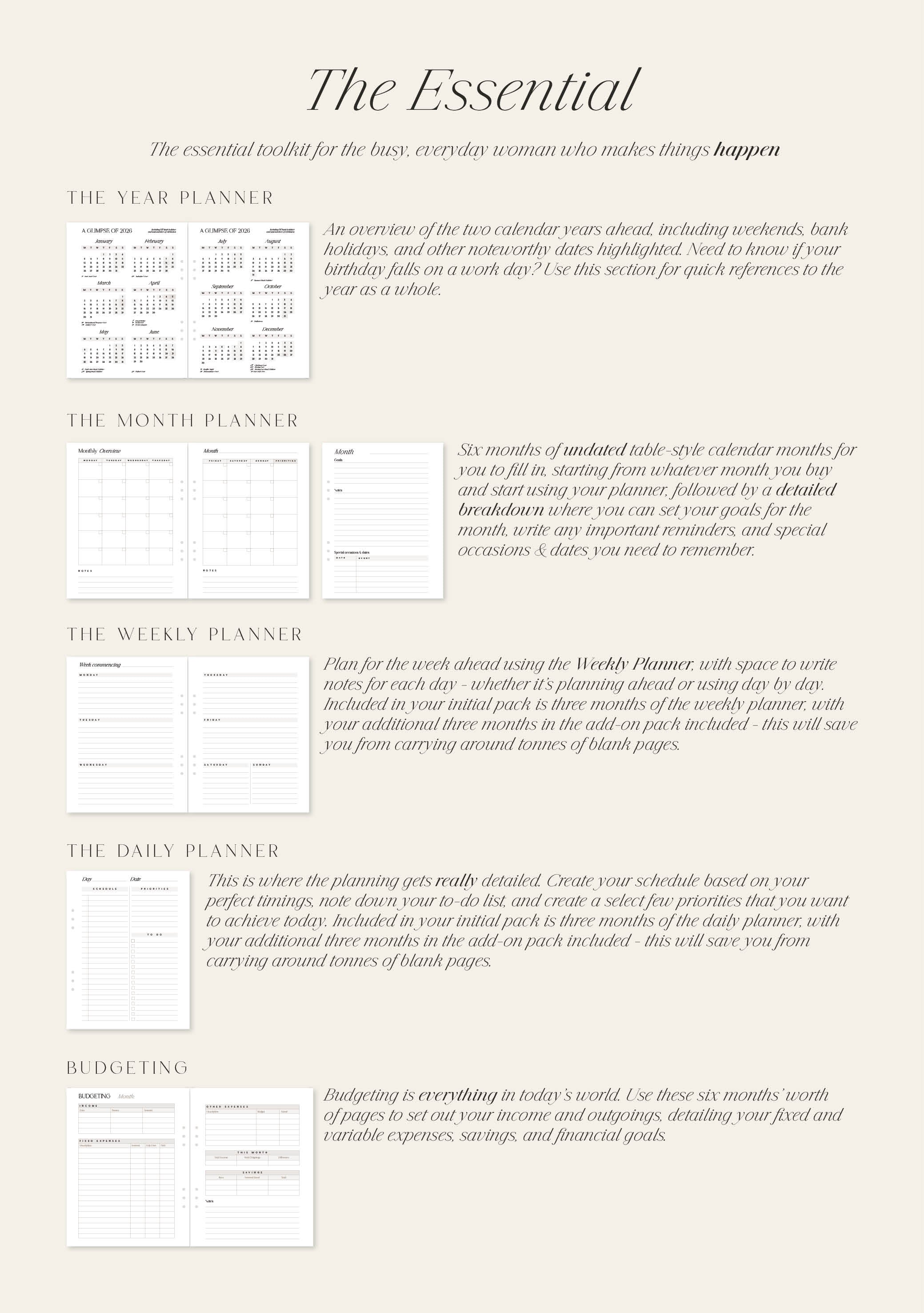 Planner with various sections for daily, weekly, monthly, and yearly planning on a beige background.