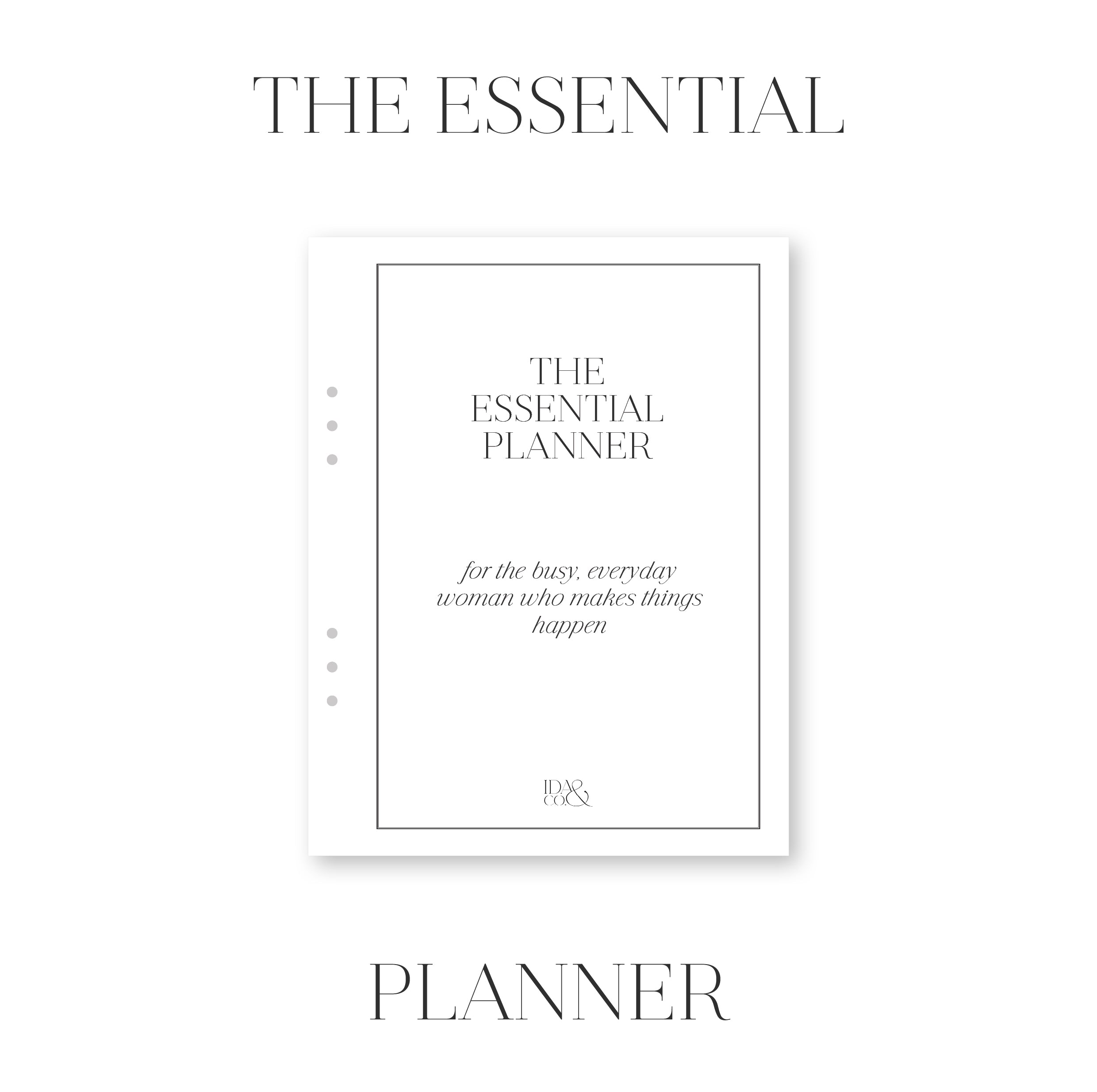 Cover of 'The Essential Planner' with text on a white background