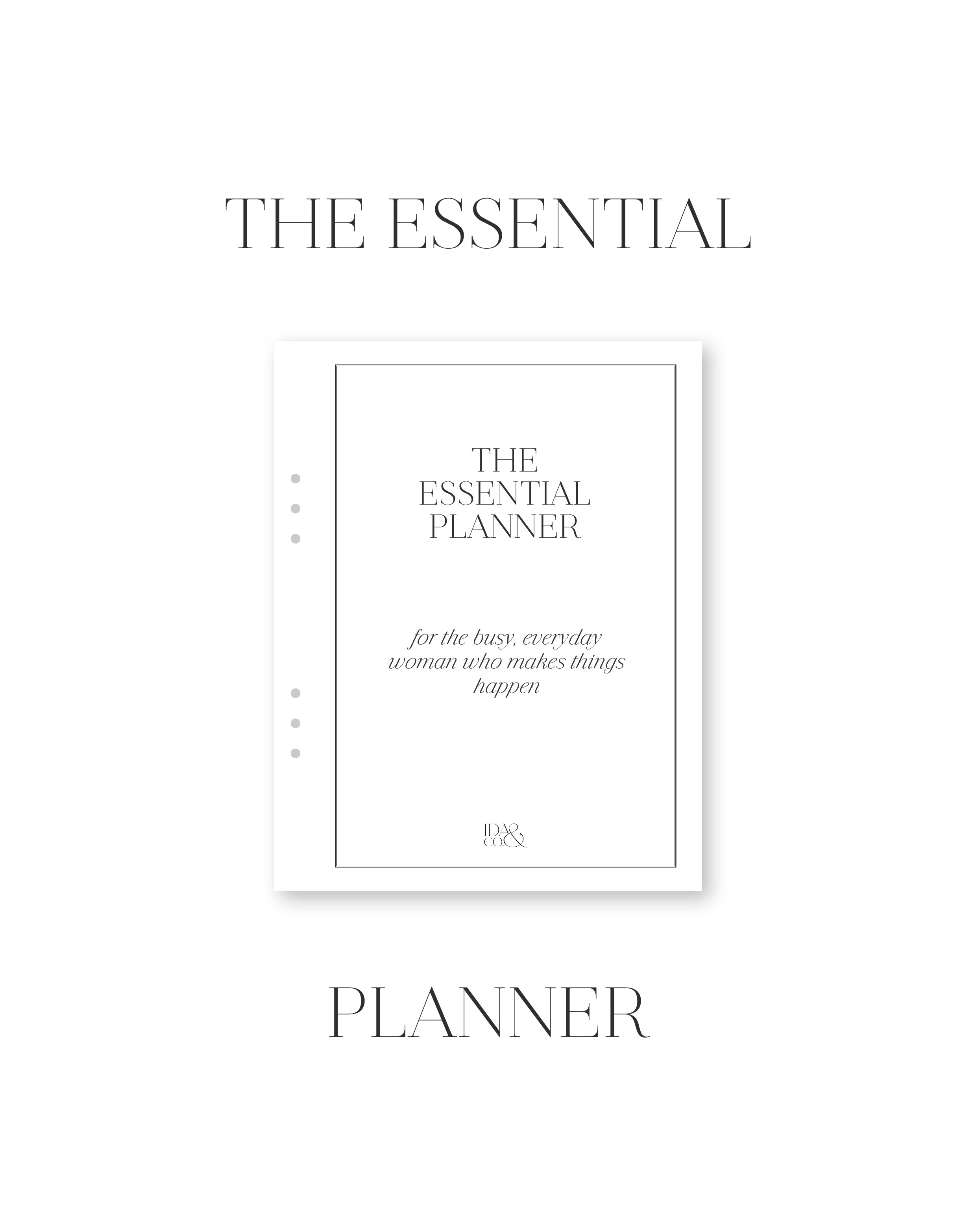 Cover of 'The Essential Planner' with text on a white background