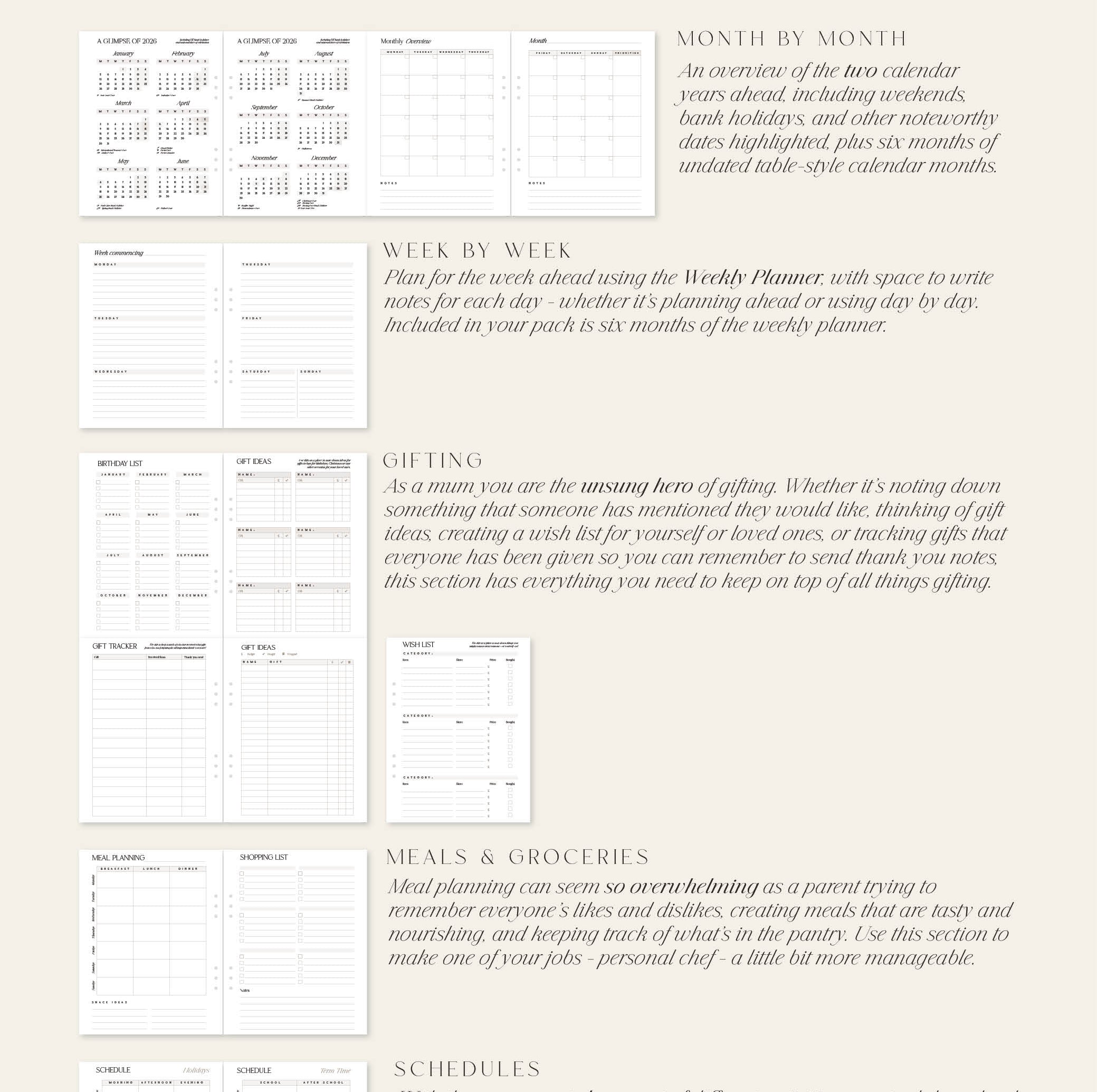 Product packaging for 'The Mum' planner with text and grid layout on a light background