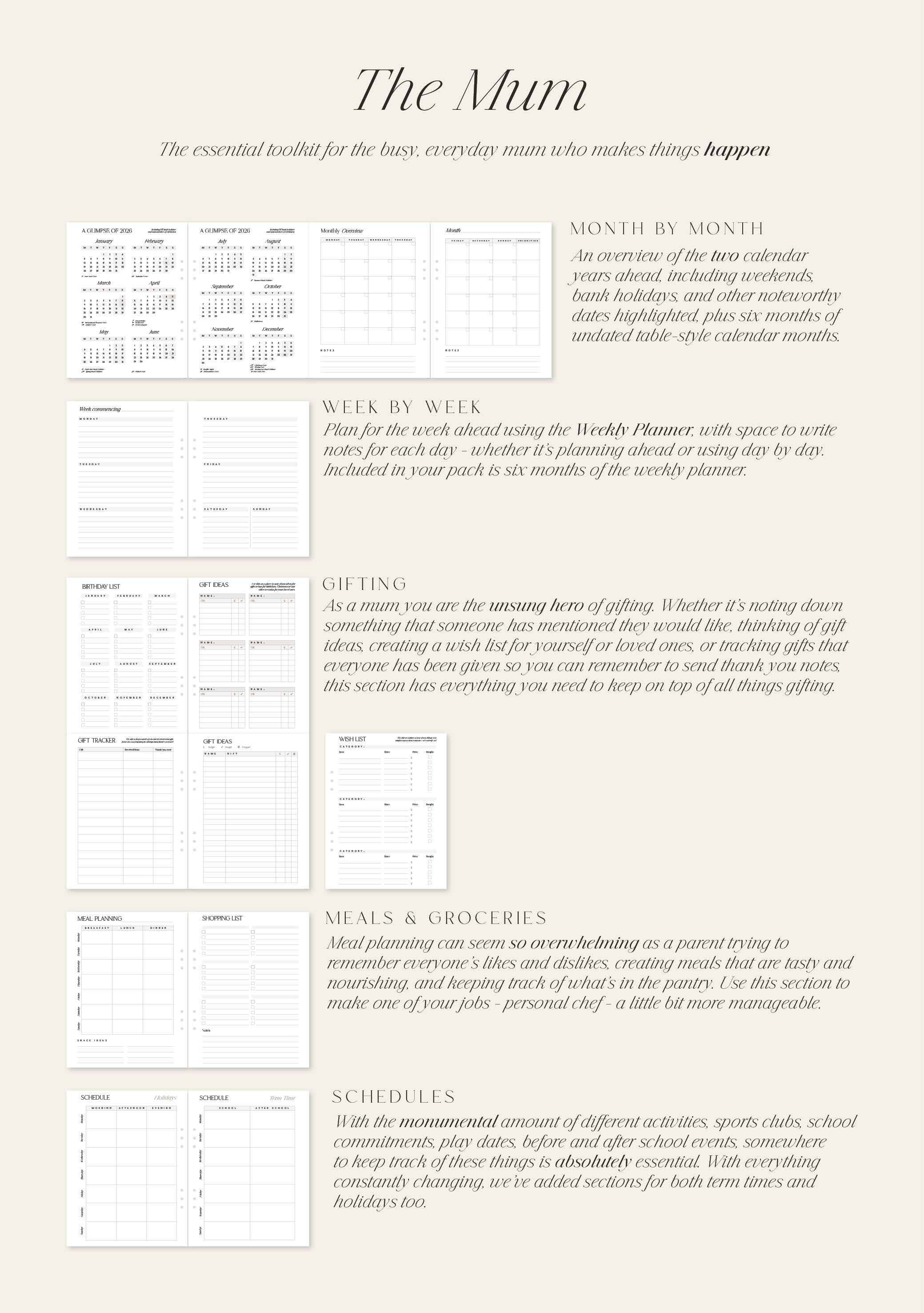 Product packaging for 'The Mum' planner with text and grid layout on a light background