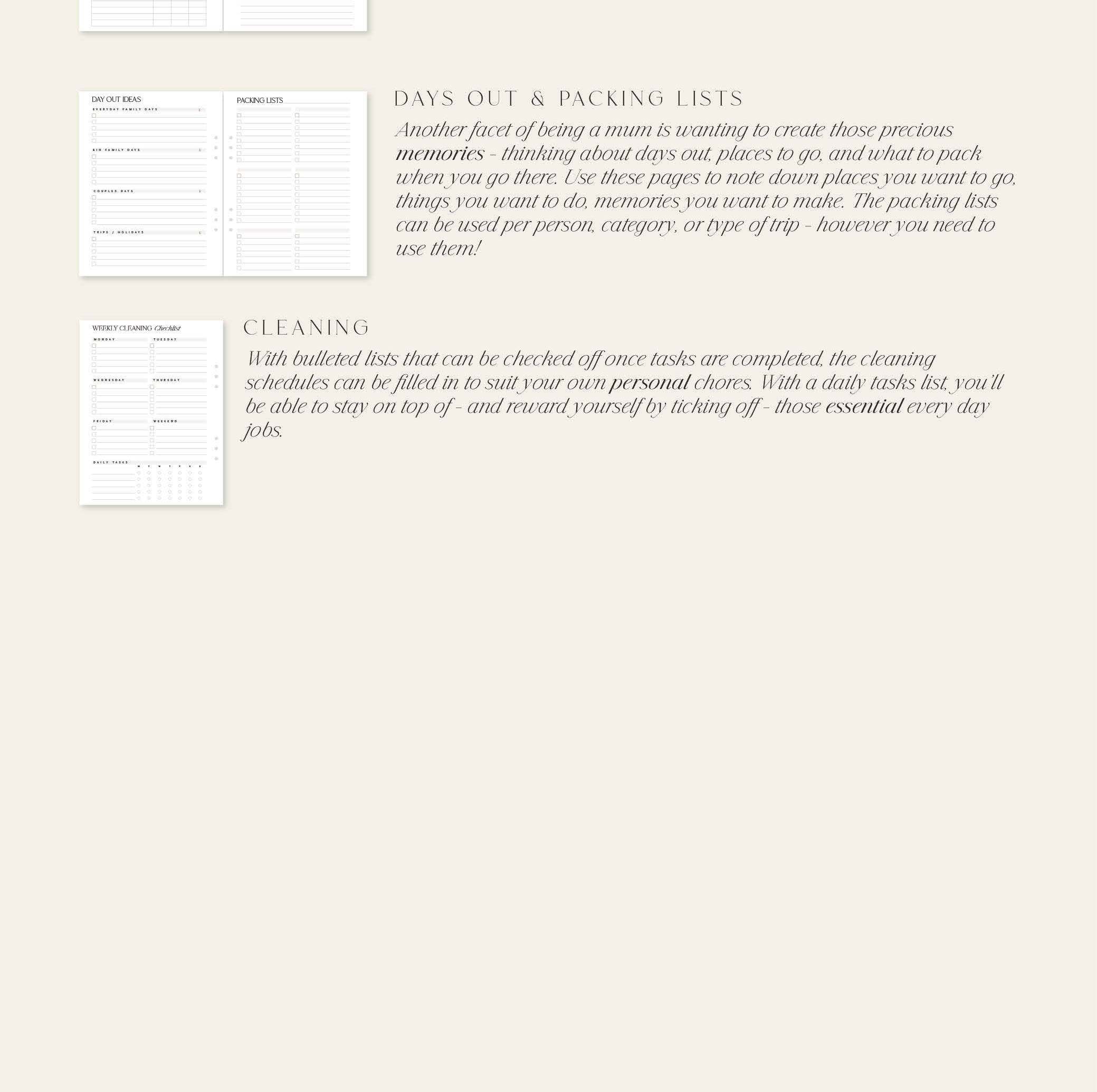 Collection of pages from a planner or organizer on a beige background
