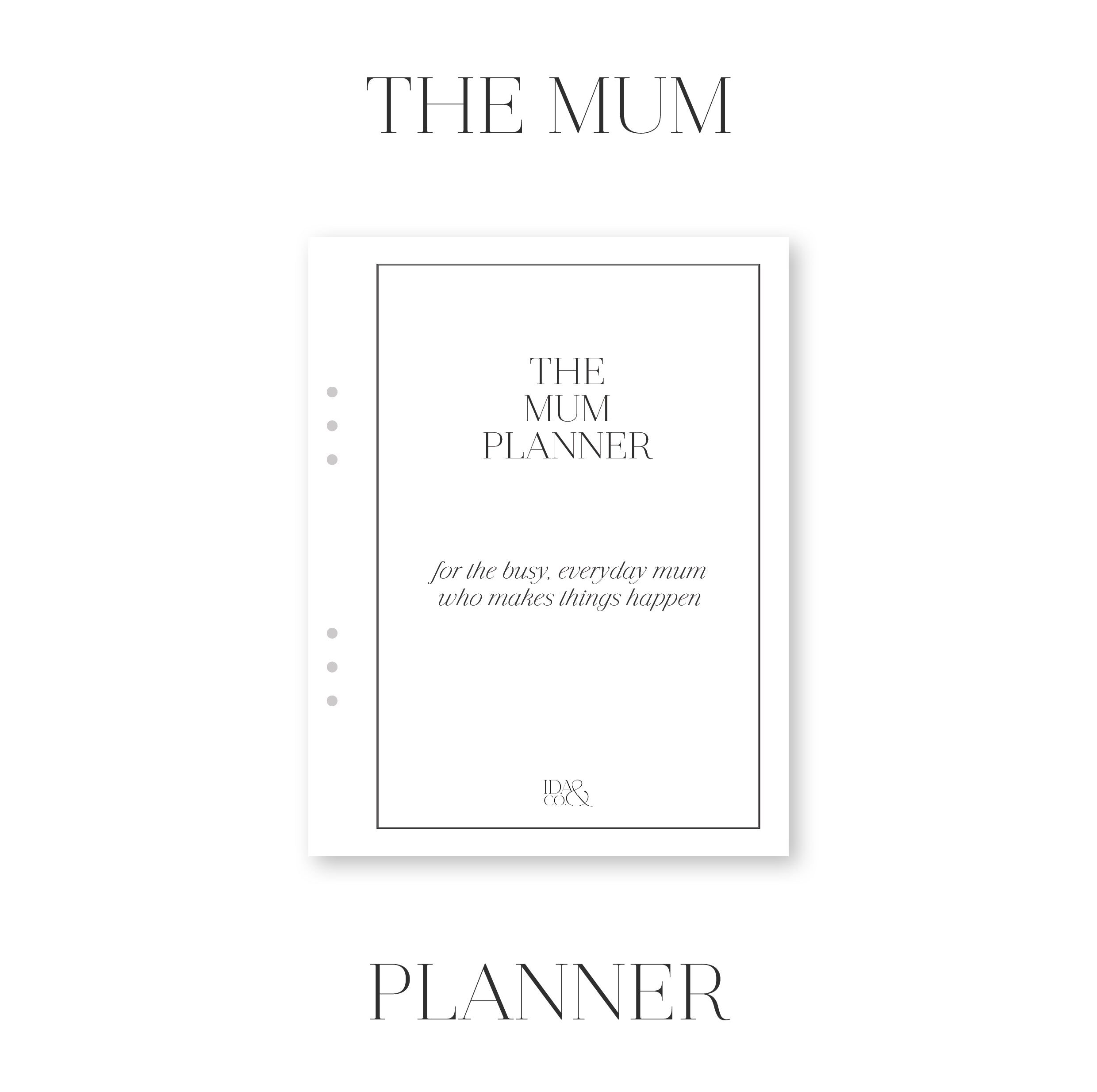 Planner cover with text 'The Mum Planner' on a white background