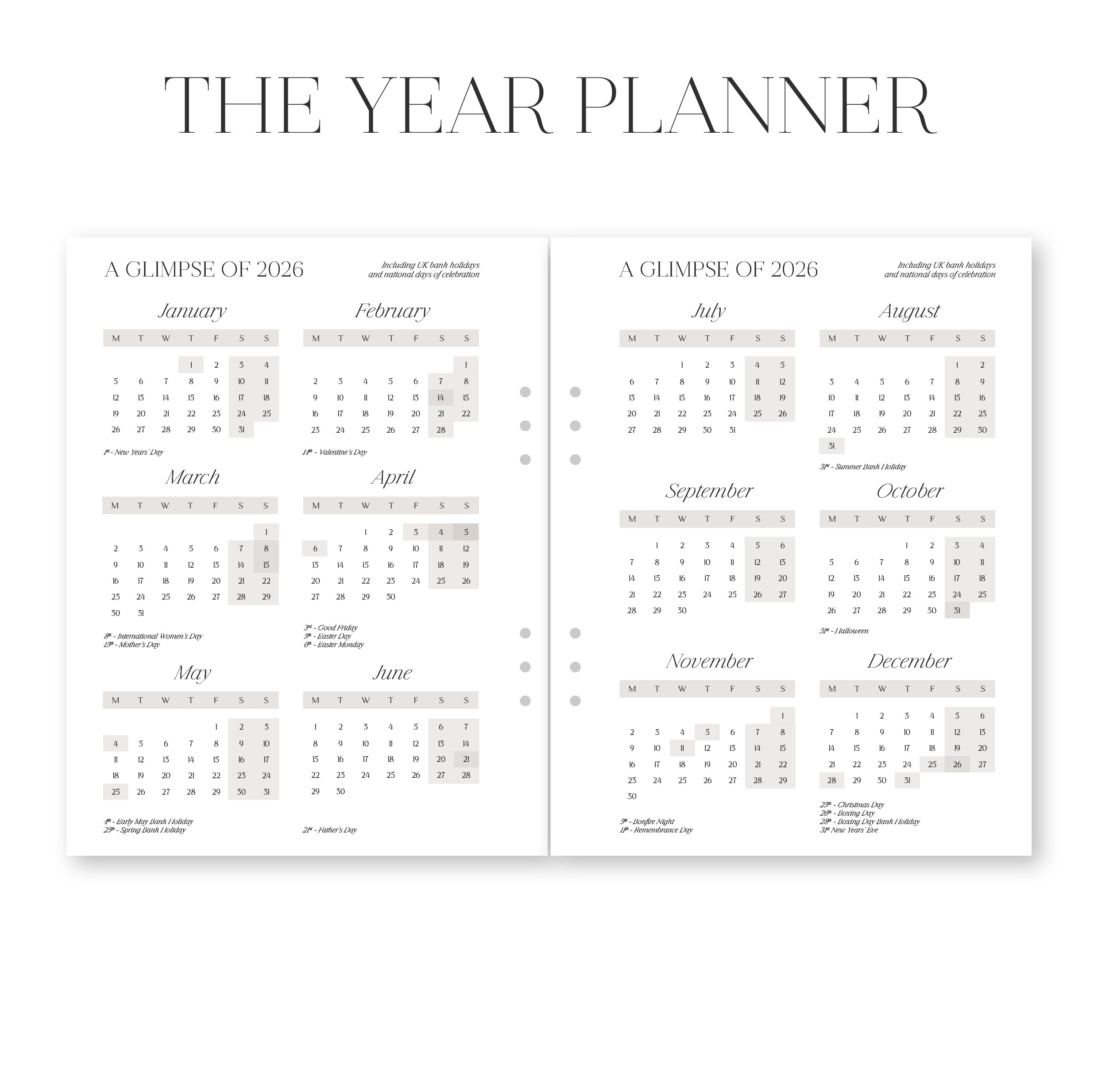 Yearly planner calendar with months displayed on a white background