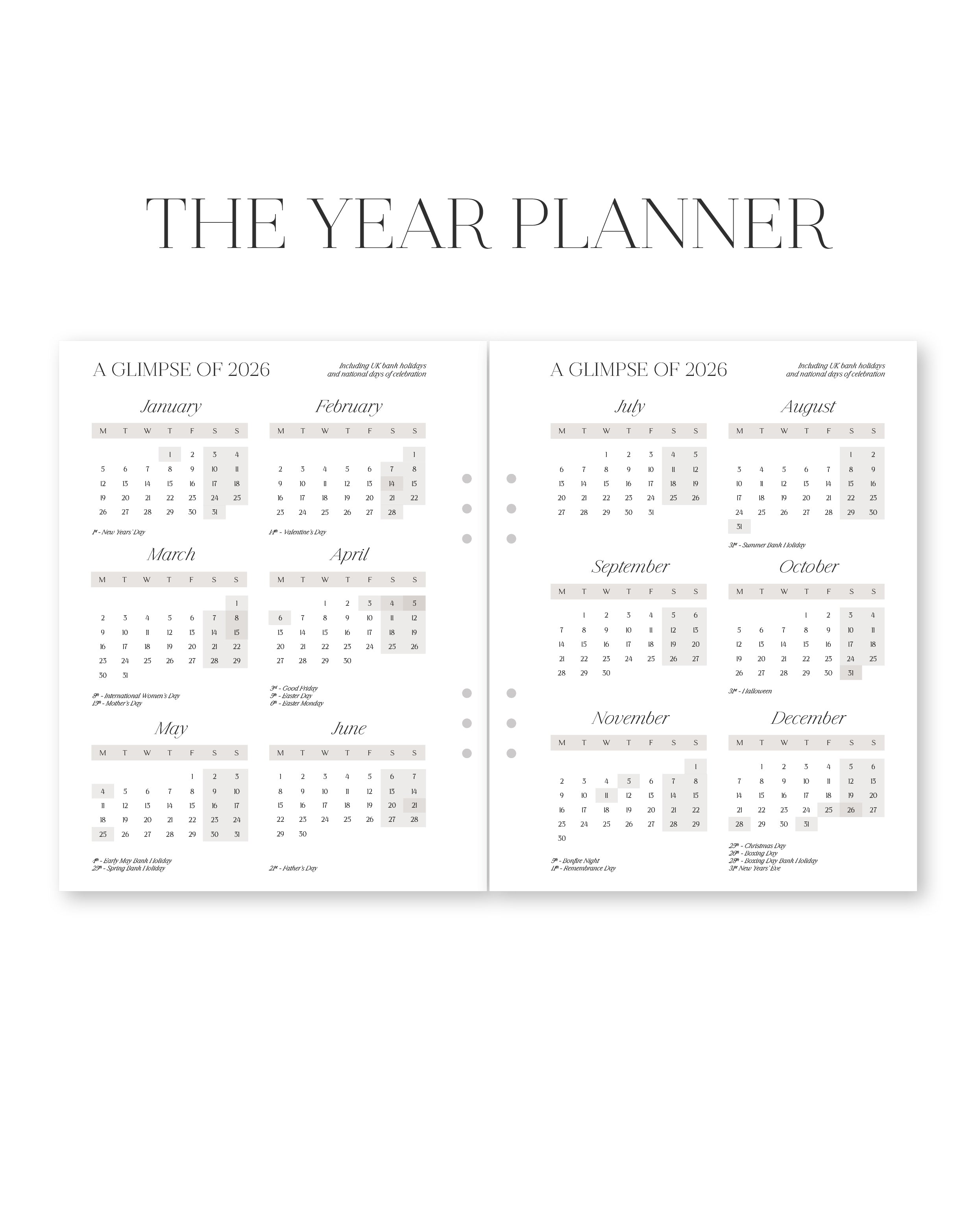 Yearly planner calendar with months displayed on a white background