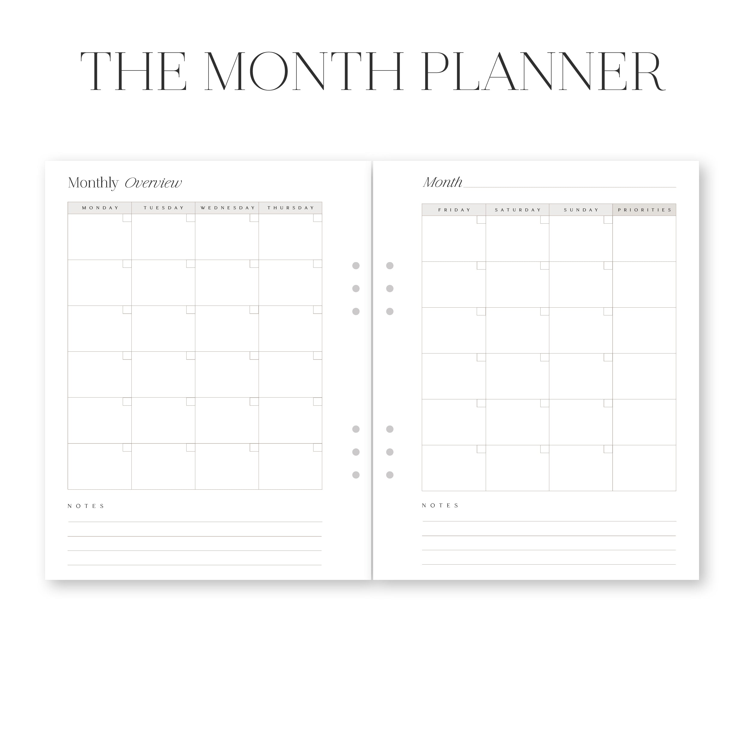 Two-page spread of 'The Month Planner' with monthly overview and daily layout.