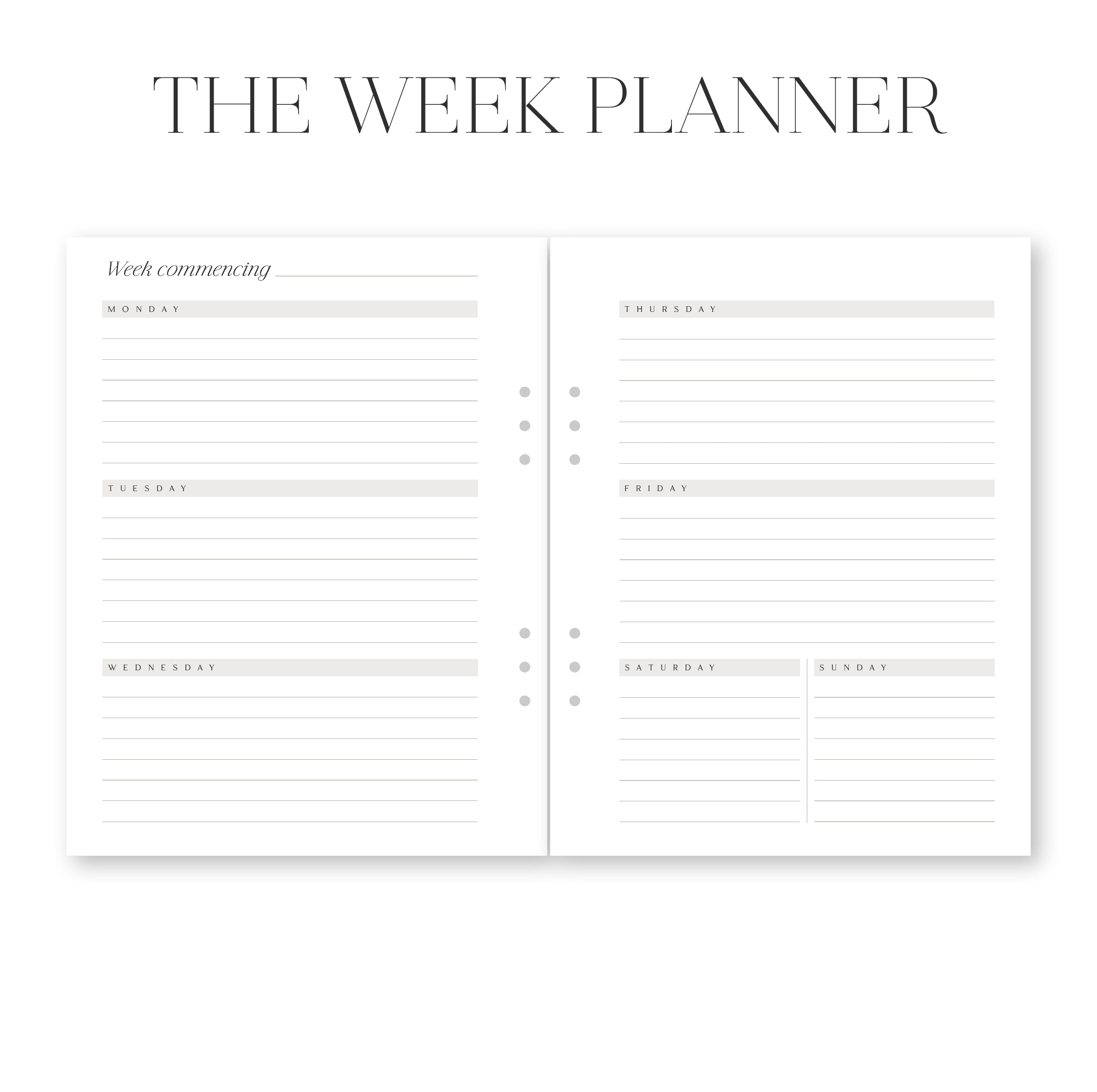 Week planner with time slots and notes on a white background