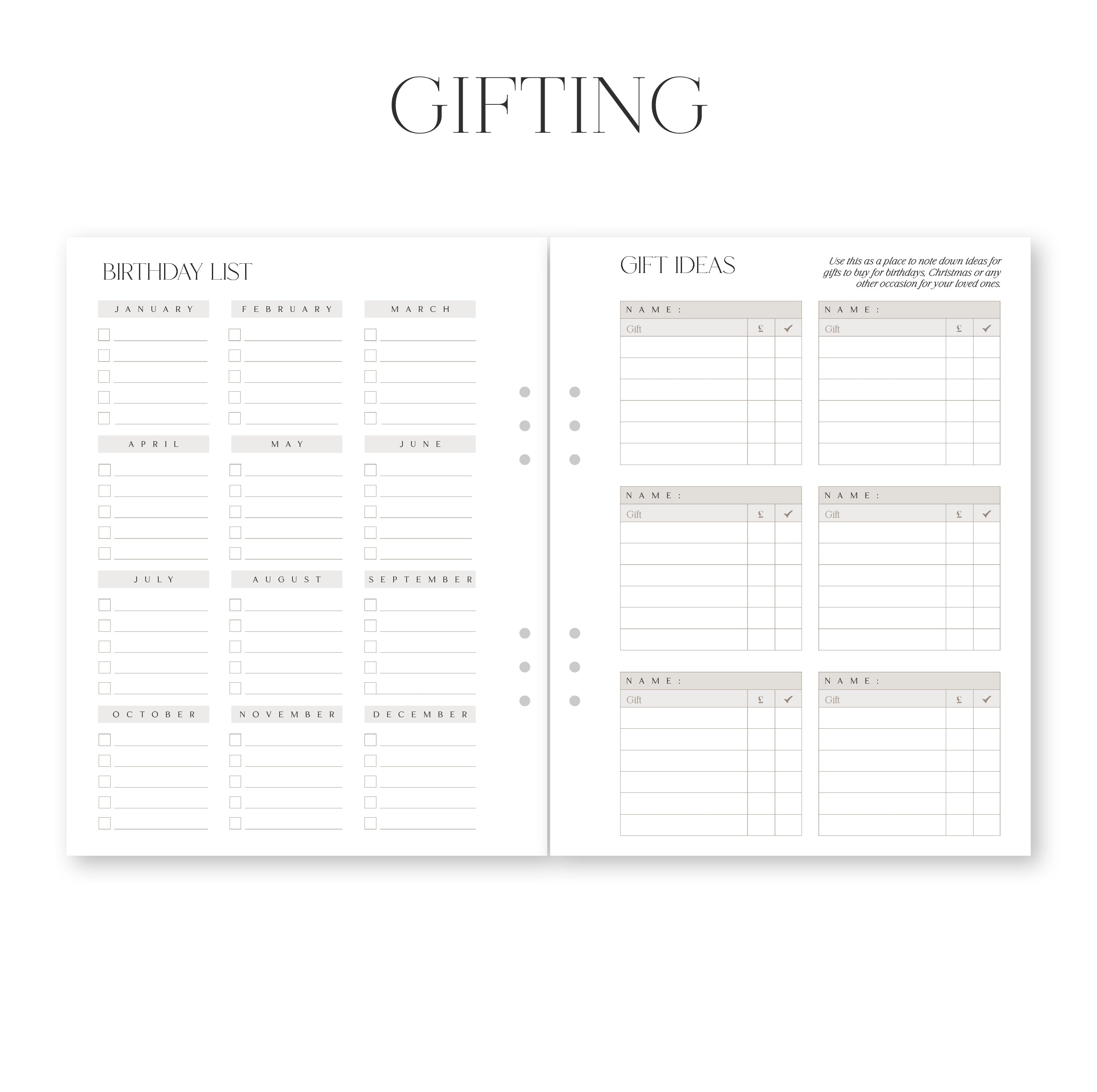 Two pages from a planner or organizer focusing on gifting, with sections for birthday list and gift ideas.