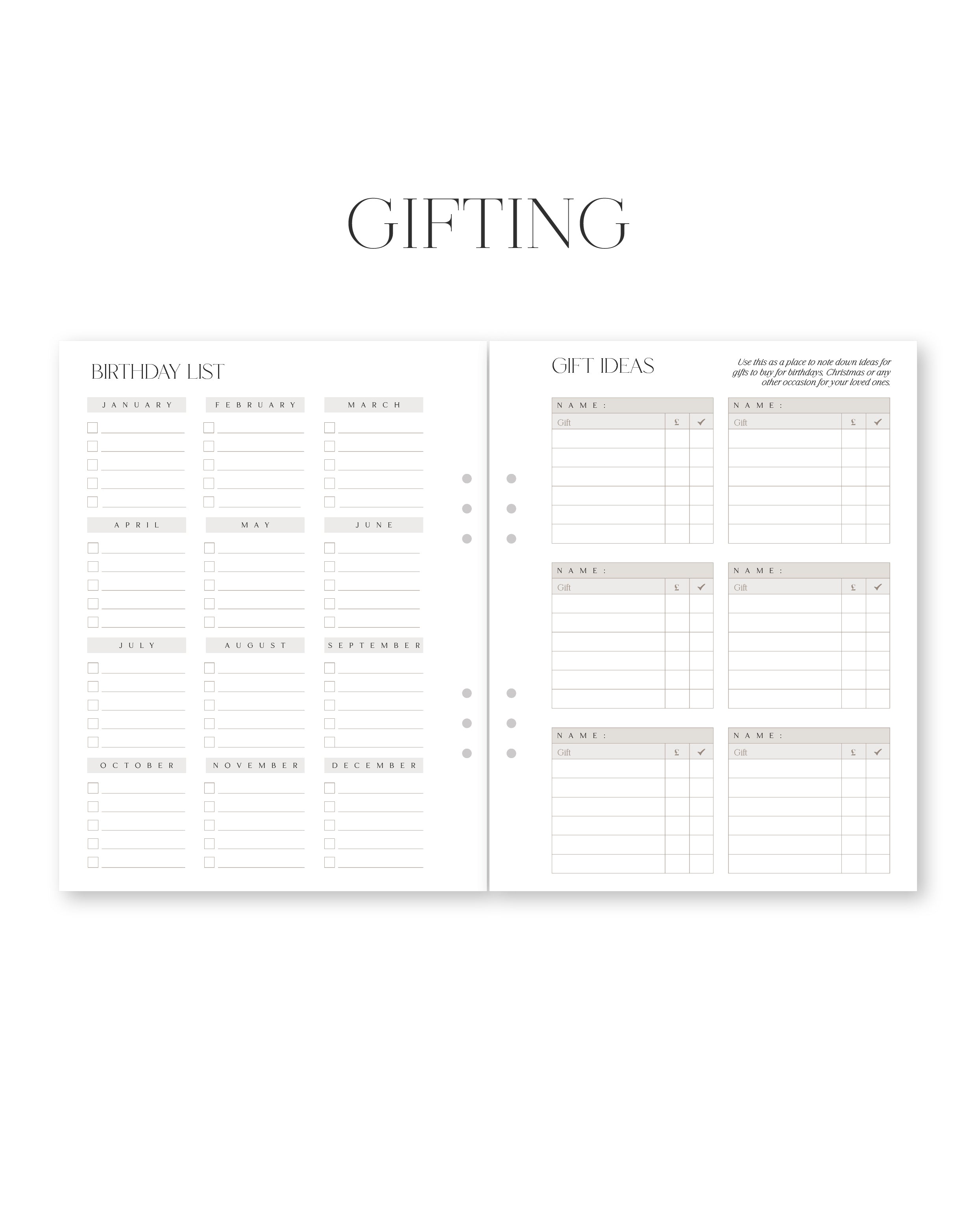 Two pages from a planner or organizer focusing on gifting, with sections for birthday list and gift ideas.