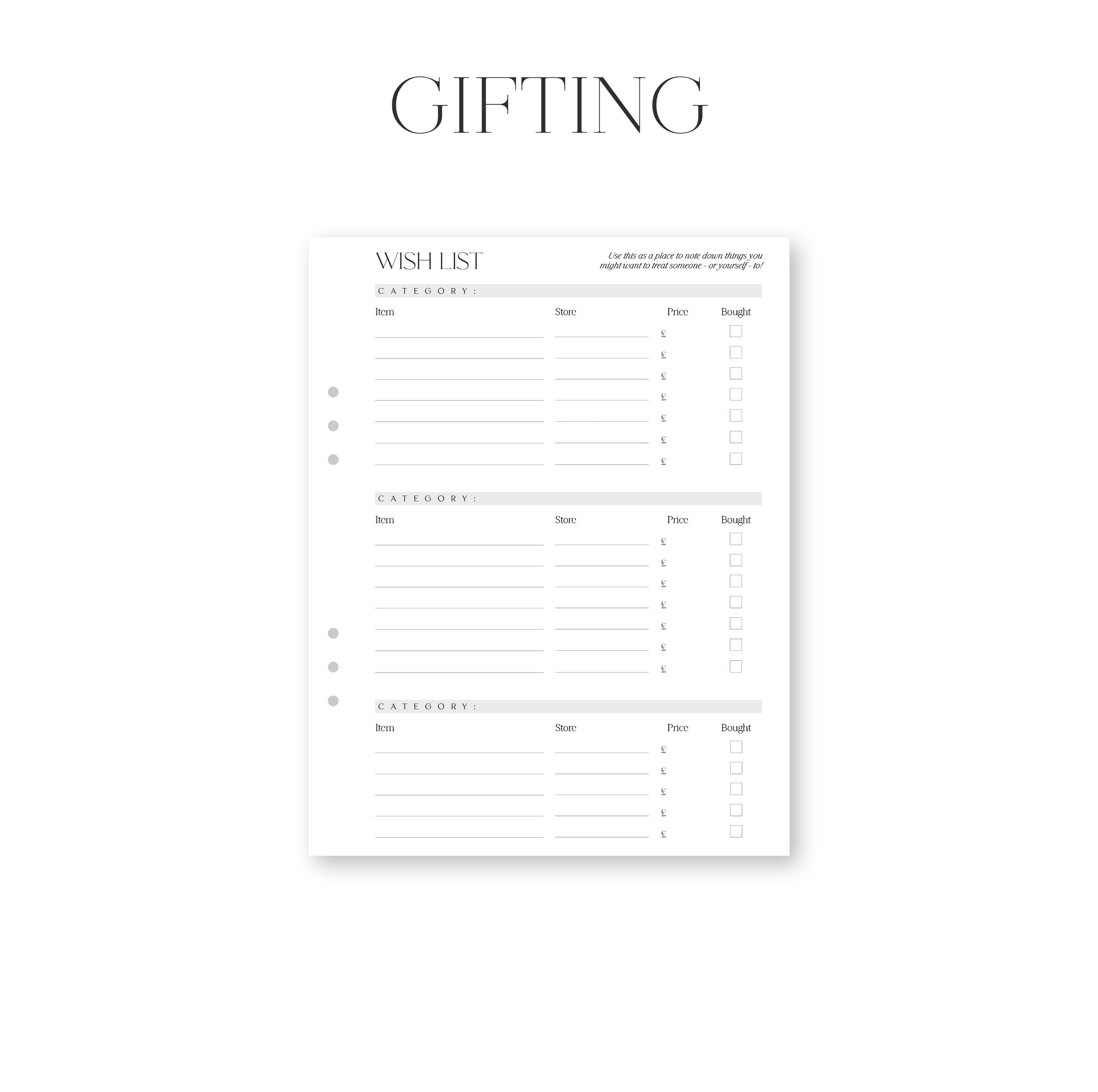 Gifting wishlist planner sheet with columns for name, gift type, and weight on a white background.