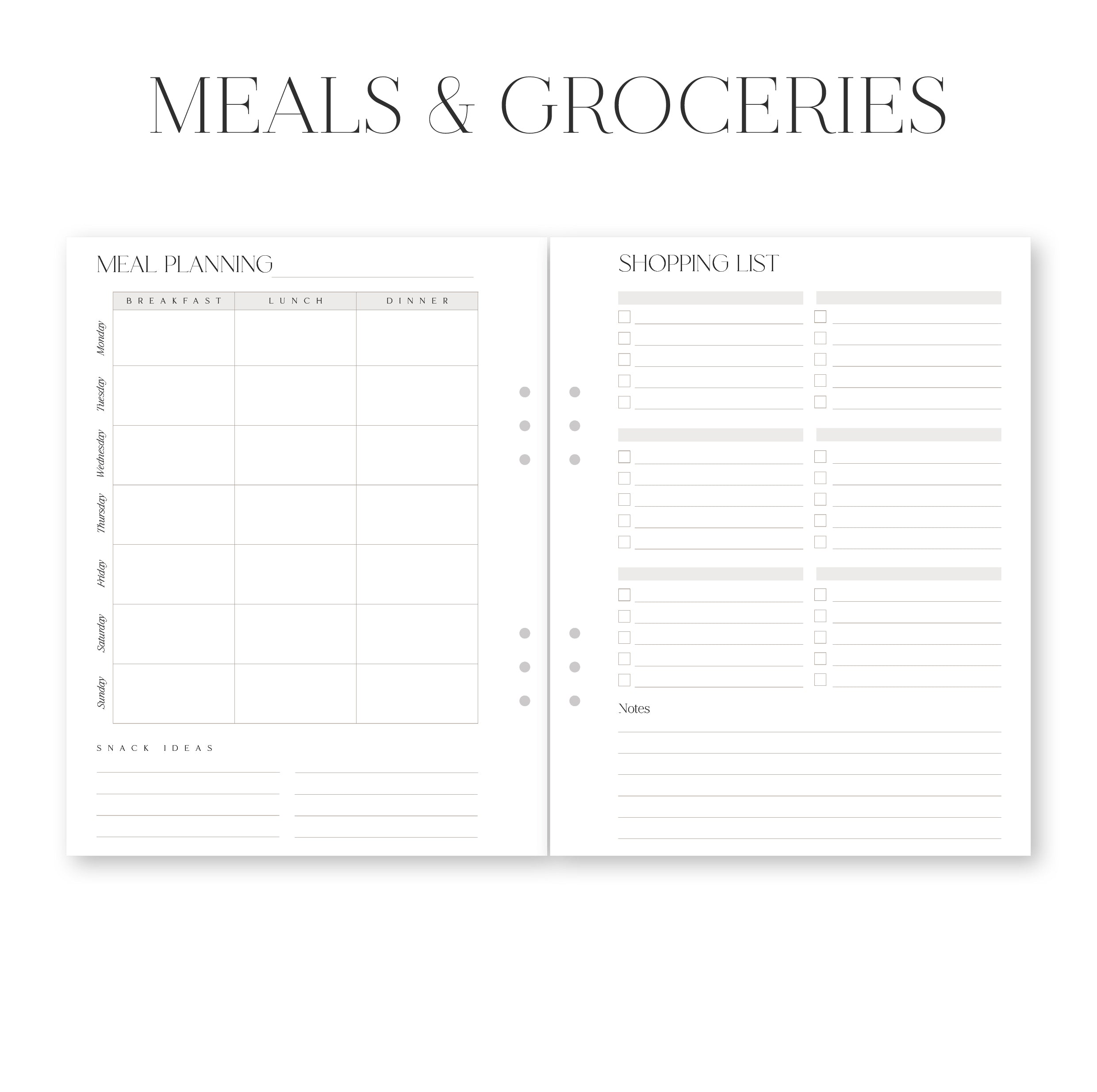 Meal planning and shopping list template on a white background